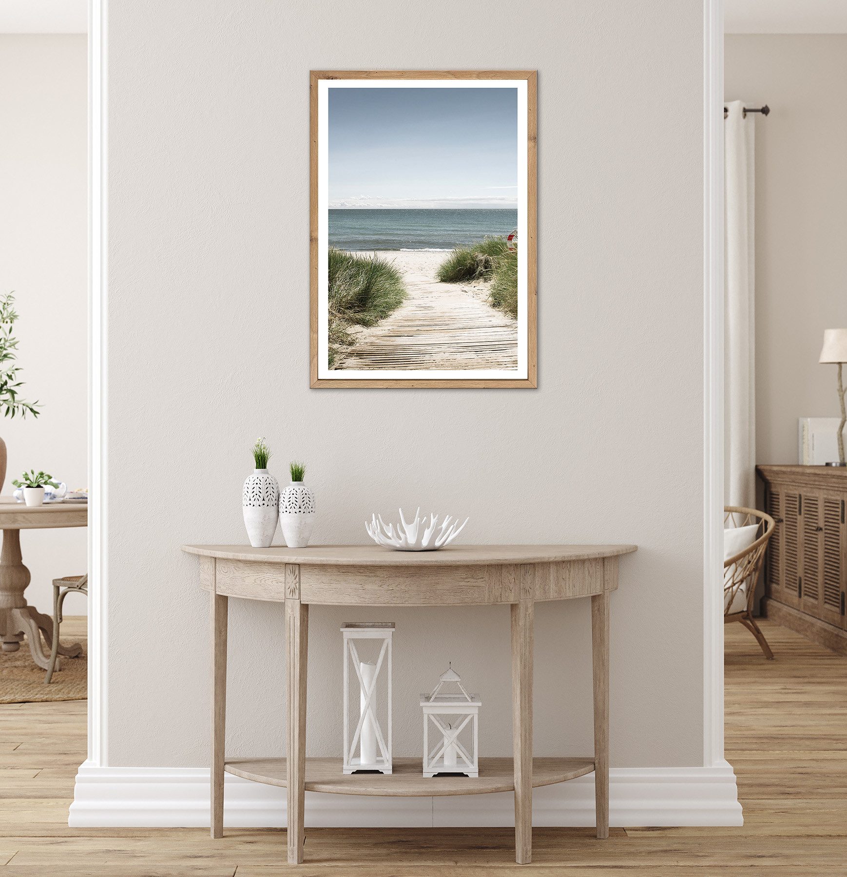 Bönninghoff Bild mit Rahmen Wandbild gerahmt STRANDWEG 50x70 cm – Holzsteg zum Meer im Scandi Stil, Düne, Gräser, Küste, Landschaft, Meer, Natur, Strand (1 St), – Bild 5 von 5