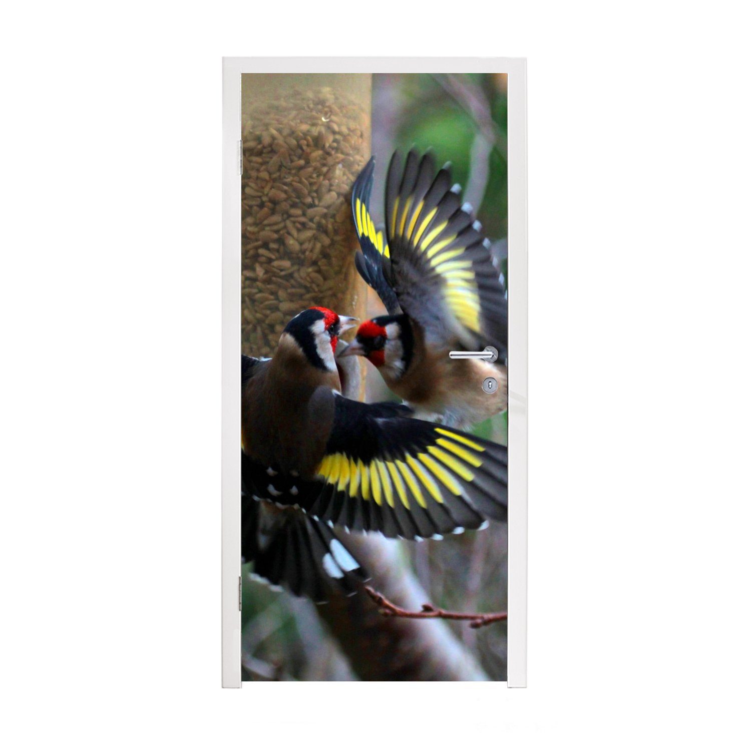 MuchoWow Türtapete Zwei Stieglitze fliegen dicht an den Zweigen entlang, Matt, bedruckt, (1 St), Fototapete für Tür, Türaufkleber, 75x205 cm