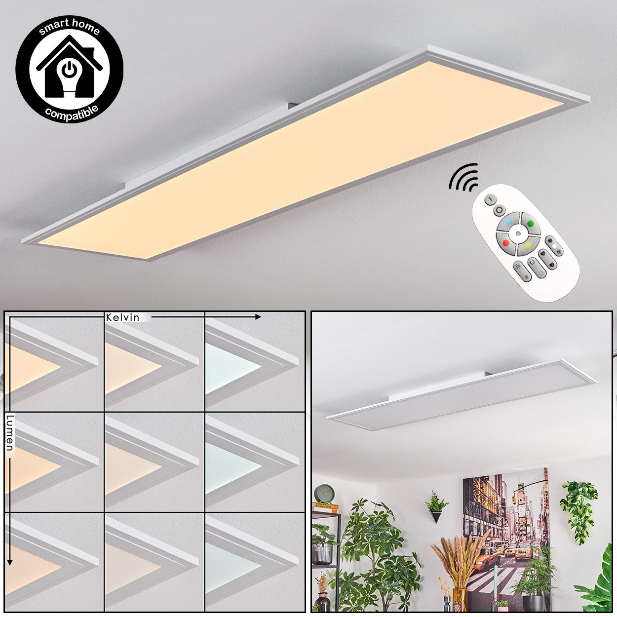 hofstein Panel dimmbare Deckenleuchte aus Metall/Holz/Kunststoff in Weiß/Natur, LED wechselbar, Deckenleuchte Smart Home/App/Fernbedienung, 2700-6500 Kelvin, CCT