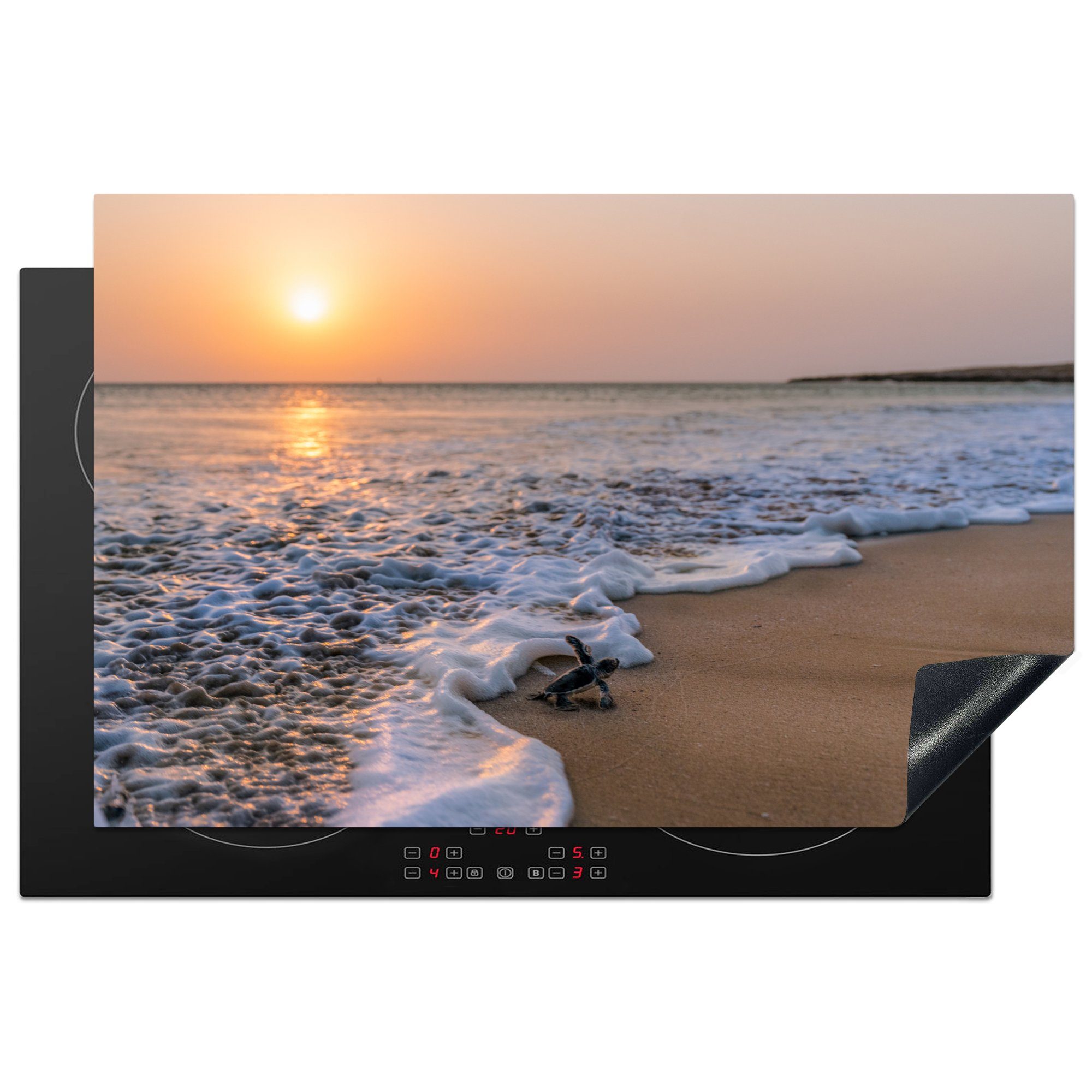 MuchoWow Herdblende-/Abdeckplatte Kleine Schildkröte geht an den Strand, Vinyl, (1 tlg), 81x52 cm, Induktionskochfeld Schutz für die küche, Ceranfeldabdeckung