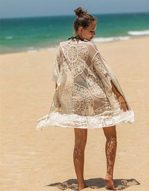 RUZU UG Strandkleid Damen Crochet Kimono Cardigan Bikini Cover Up Loose Lange Boho Bikini