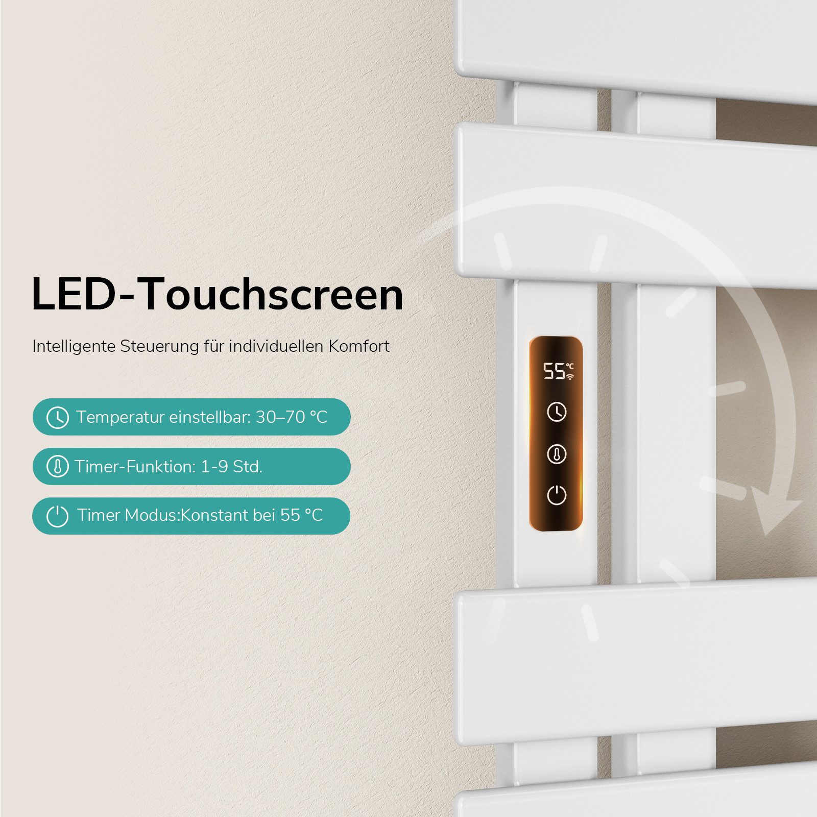 EMKE Elektrischer Badheizkörper Handtuchtrockner mit Smart Thermostat WiFi/APP-Steuerung Timer, Handtuchtrockner Flach Badheizkörper Links 100×50 cm Weiß