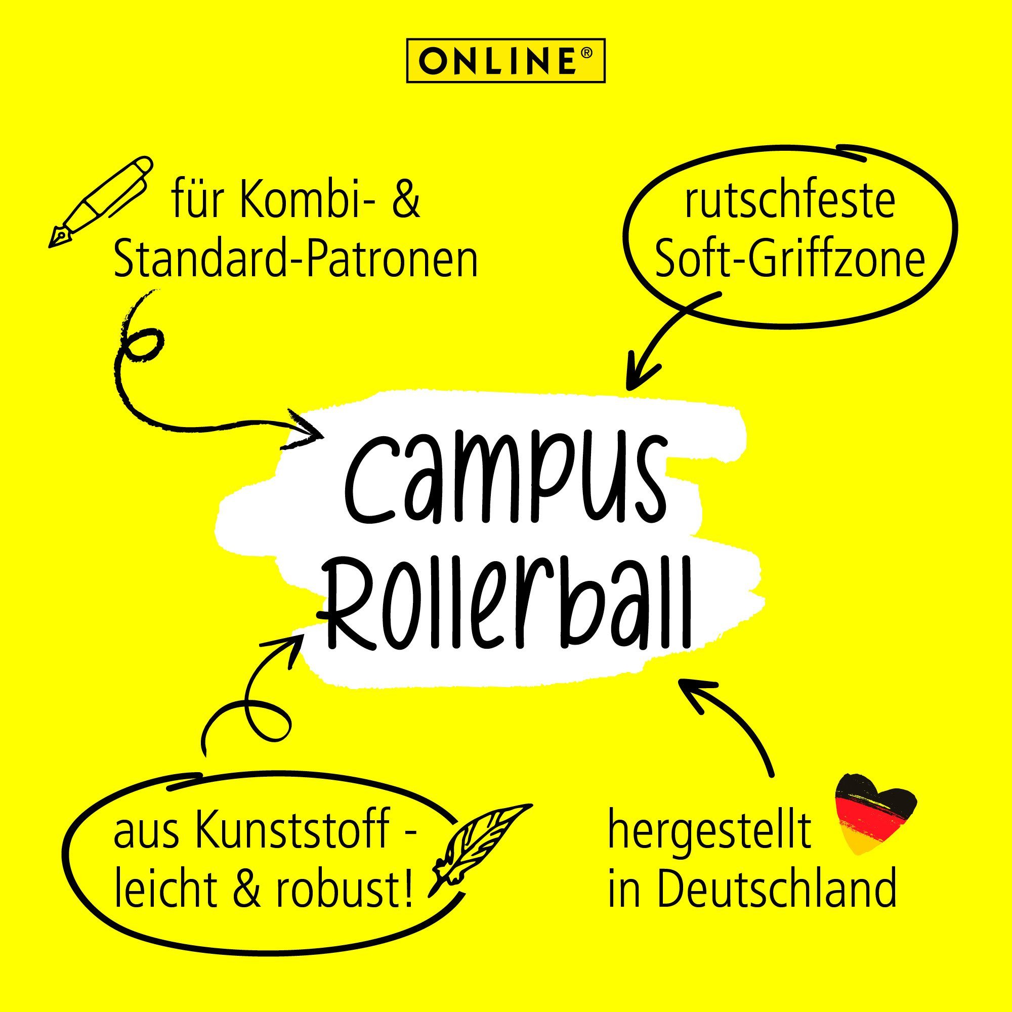 Deutschland ergonomisch, Online Campus Pen für in hergestellt Tintenpatronen-Rollerball, Tintenroller Schule, die ideal Black