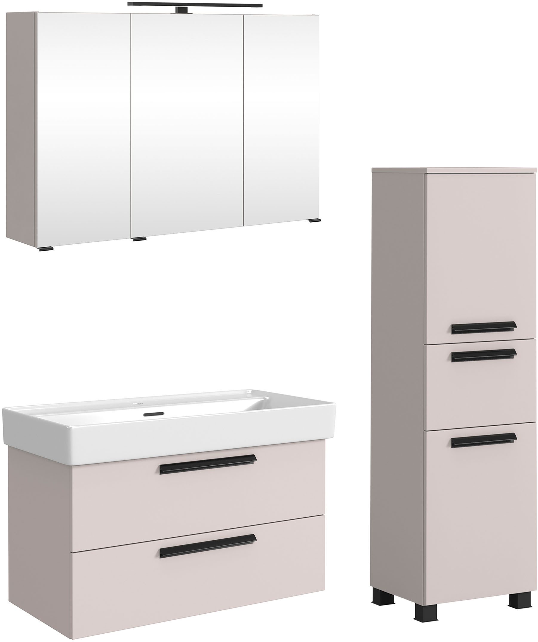 welltime Badmöbel-Set SALVADA, 3tlg-Set, gedämpfte Scharniere, Softclose, Keramikbecken, (Maße (B/T/H): 140/47,5/200 cm), Kaschmir, Keramikbecken 1 od. 2 Armaturlochbohrungen