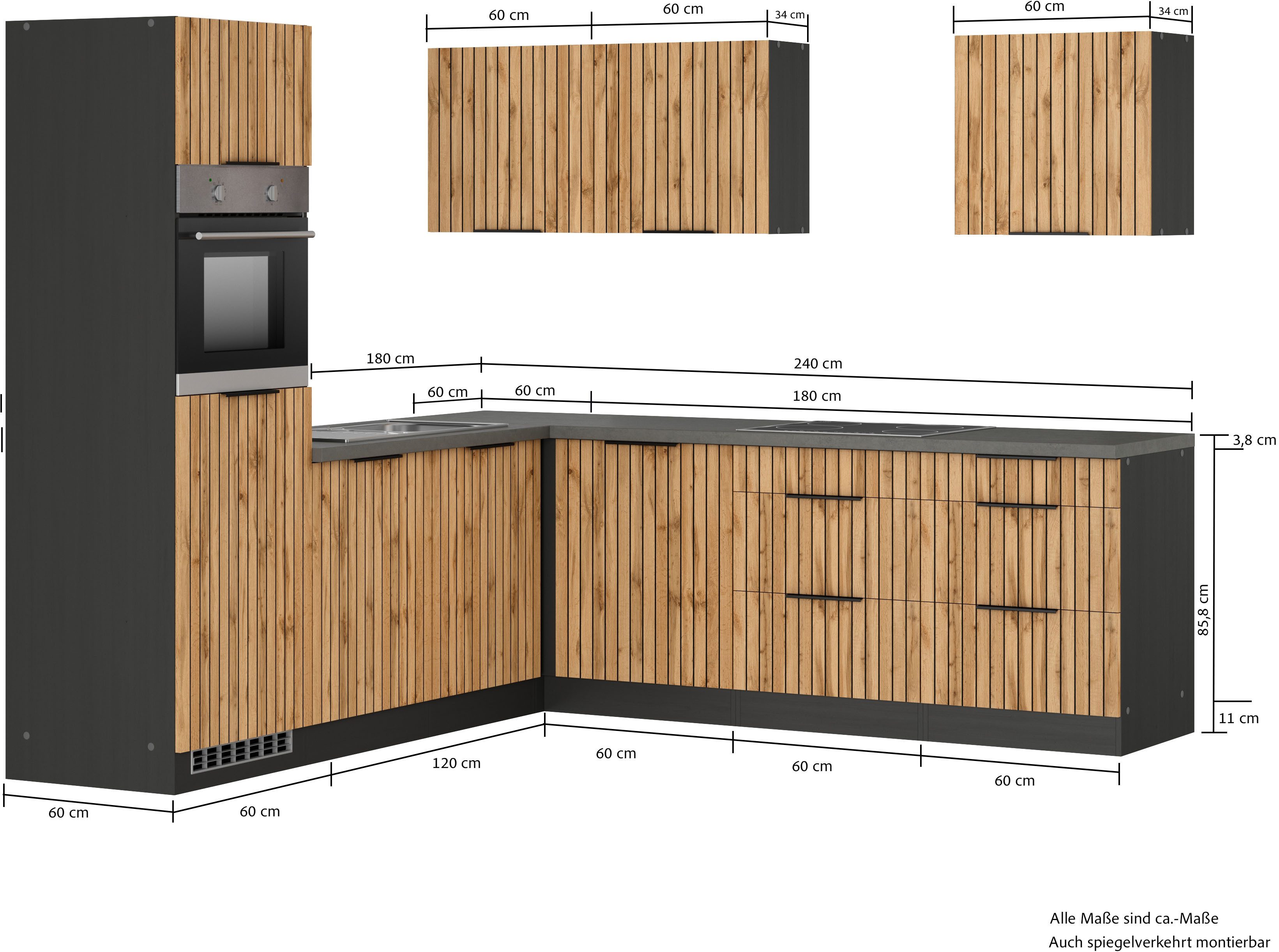 KOCHSTATION Winkelküche KS-Lagos, Stellbreite 240/240 cm, wahlweise mit E-Geräten, GK-oder Induktionskochfeld,Kühlschrank,Spüle edelstahl oder schwarz