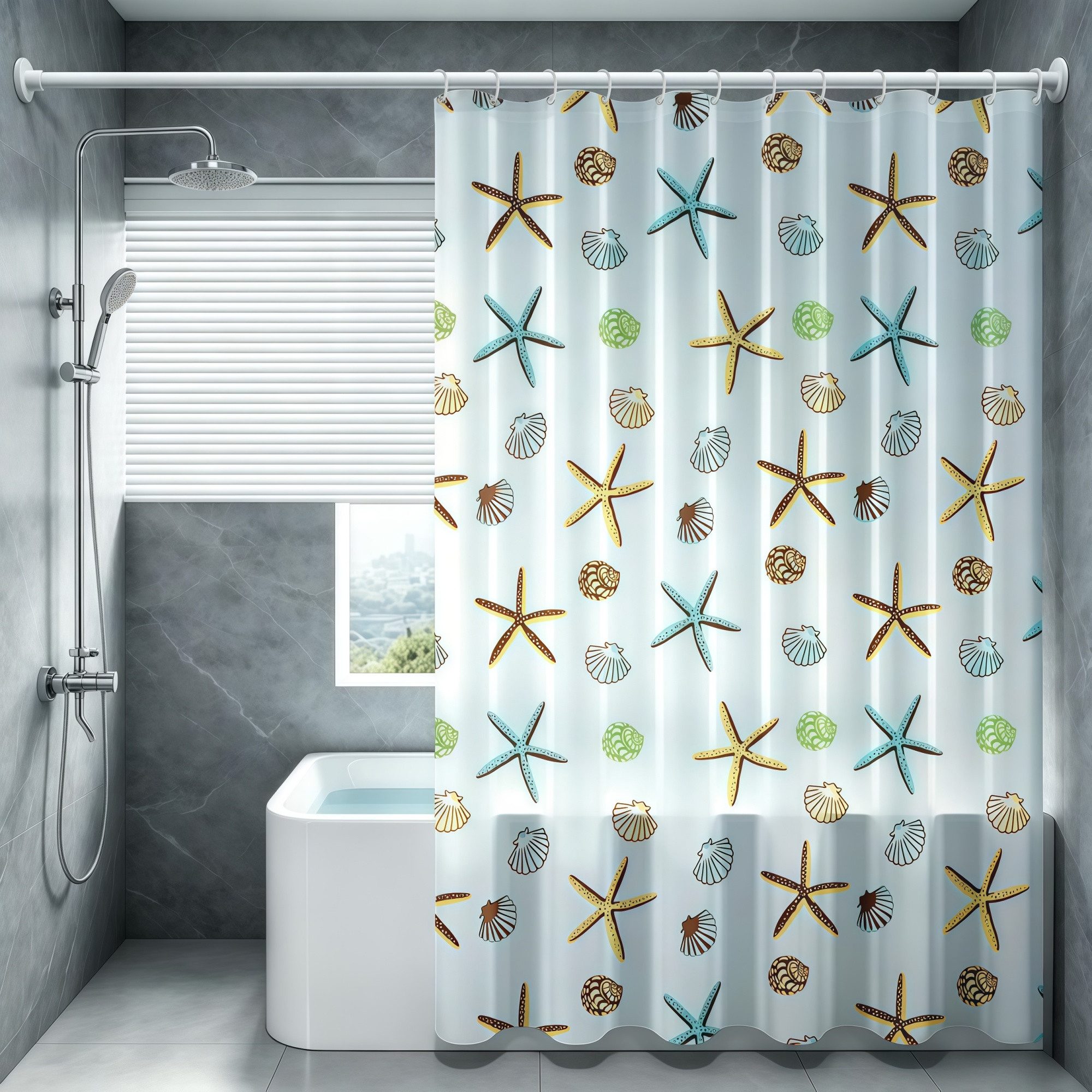FOUORTUNATE-BEE Duschvorhang Duschvorhang mit Seestern- & Muschelmotiv, PEVA, inkl. Ringe Breite 180 cm, Wasserabweisender Duschvorhang für Dusche & Badewanne, ohne Bohren