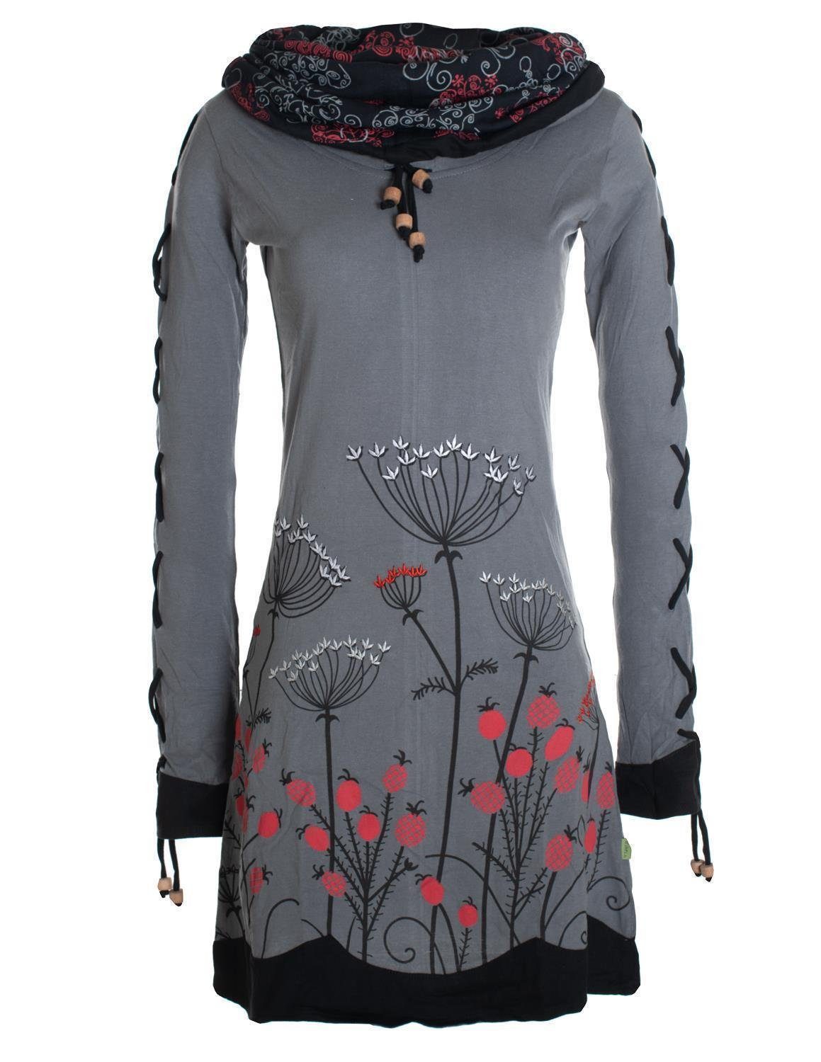 Boho, Vishes Langarm-Shirtkleid Hippie, Schalkragen mit grau Style Blumenkleid Elfen Jerseykleid