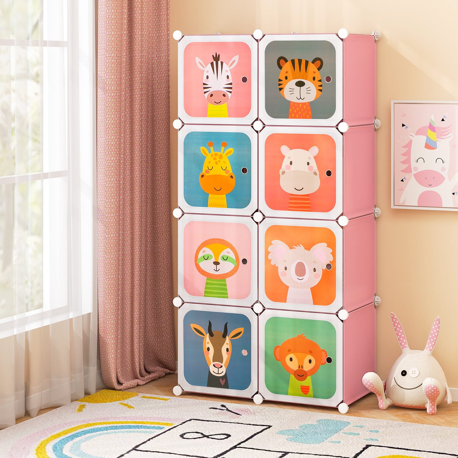 COSTWAY Kinderkleiderschrank mit Kleiderstange und 8 Würfeln, erweiterbar