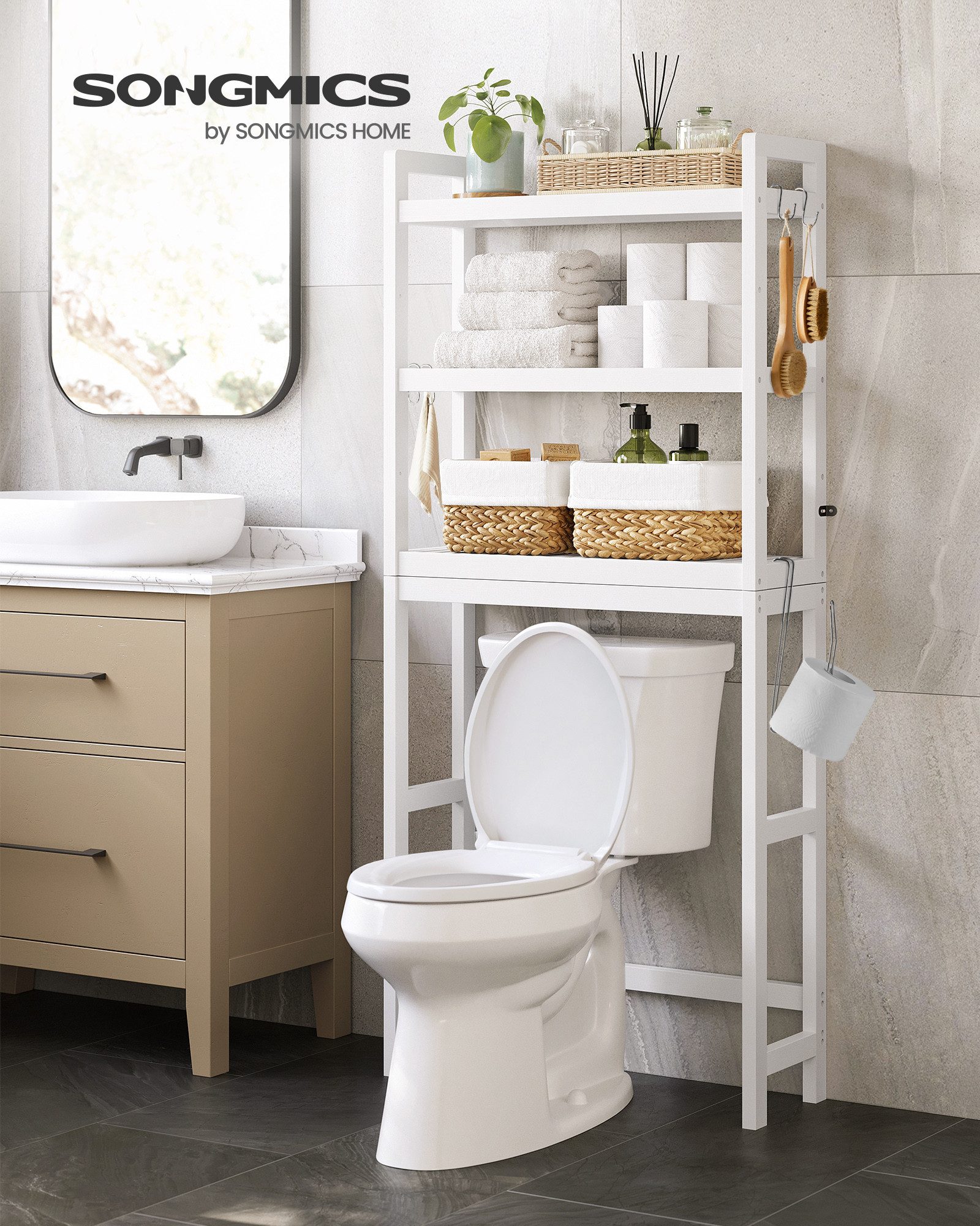 SONGMICS Badregal Badezimmerregal Toilettenregal, 3-stöckiges Badregal Bambus, verstellbar