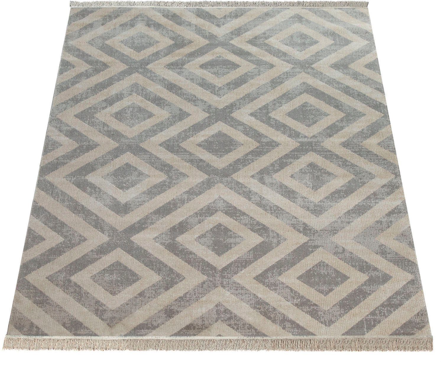 Teppich Outdoor 6 Höhe: rechteckig, Kurzflor, mm, und Fransen, Paco geeignet 821, grau/weiß In- Home, mit Design, Rauten Poco
