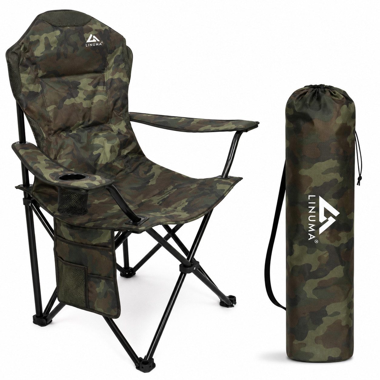 LINUMA Campingstuhl faltbar mit extra großem Getränkehalter, stabiler Klappstuhl schwarz (1 St), Faltbarer Campingstuhl mit XL-Getränkehalter für Festival & Outdoor