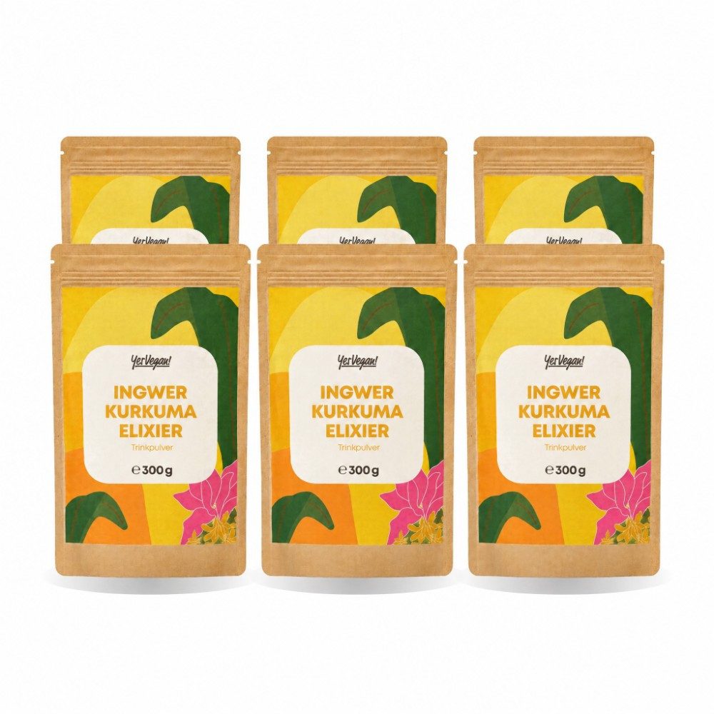 Yes Vegan Ingwer Shot mit Kurkuma für Goldene Milch & Tee Pulver, 6 er Spar-Set à 300 g, vegan, laktosefrei, glutenfrei