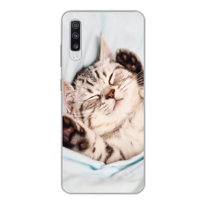 MuchoWow Handyhülle Kätzchen - Lustig - Bett - Kinder - Jungen - Mädchen - Kinder Phone Case Handyhülle Samsung Galaxy A70 Silikon Schutzhülle