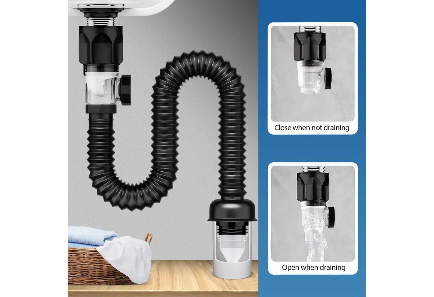 Thumbnail - BlingBin Ablaufgarnitur Siphon Bad Waschbecken Ablaufgarnitur, Einziehbarem Ablaufschlauch (1er Set, 1-St., Für Abflusse...