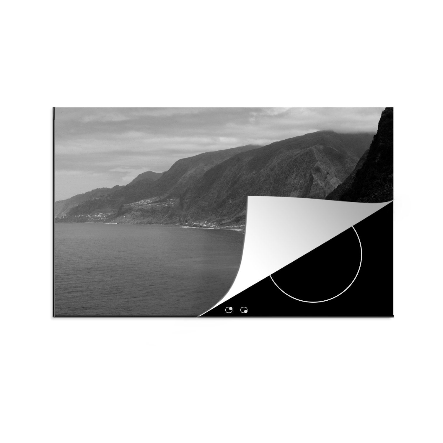 MuchoWow Herdblende-/Abdeckplatte Meer - Schwarz - Weiß - Madaira, Vinyl, (1 tlg), 81x52 cm, Induktionskochfeld Schutz für die küche, Ceranfeldabdeckung