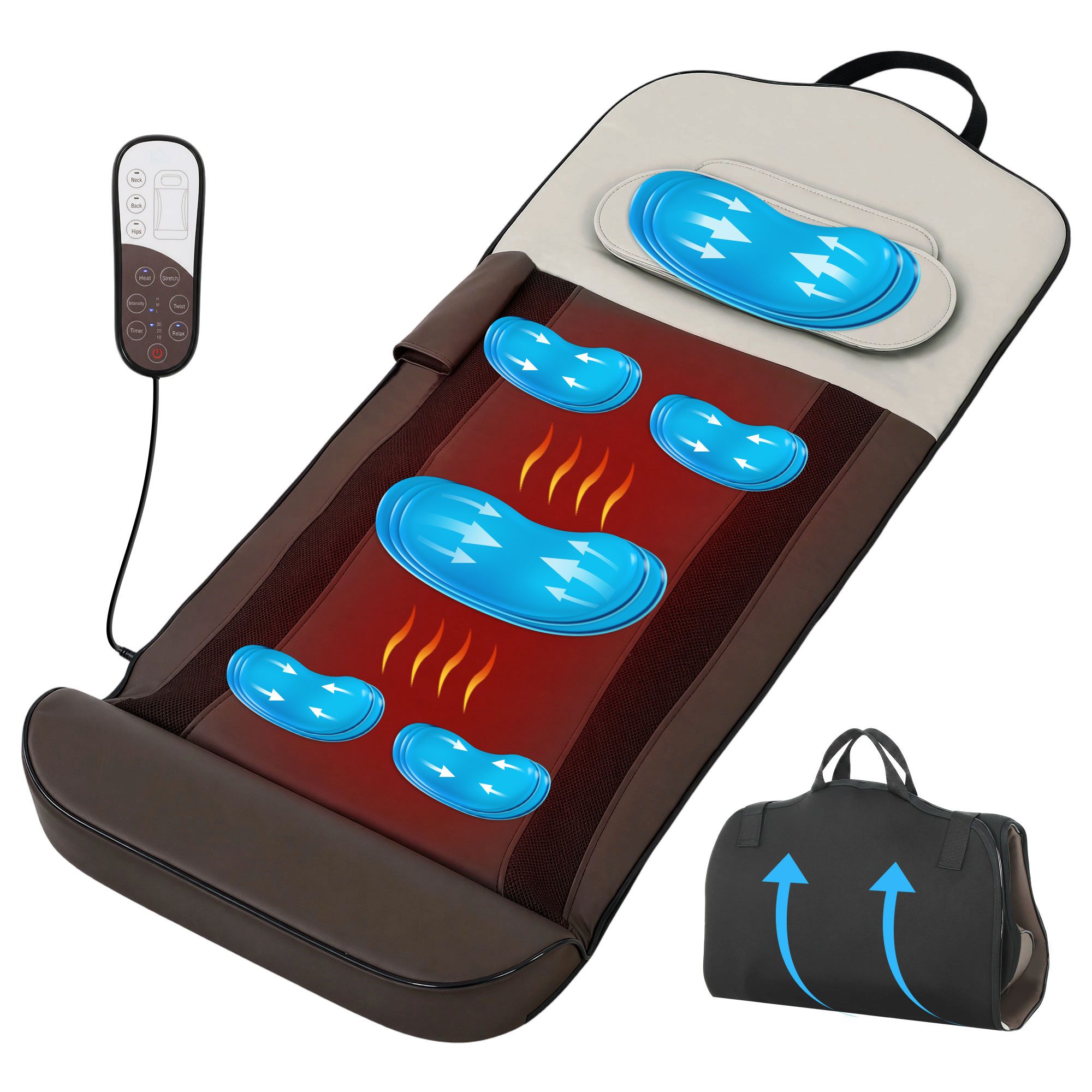 ibettertec Massagematte Faltbare Massagematte mit Wärmefunktion, Airbag-Kompressionsmassage, 4 Modi, 3 Intensitäten, Timer, 120x52x9 cm