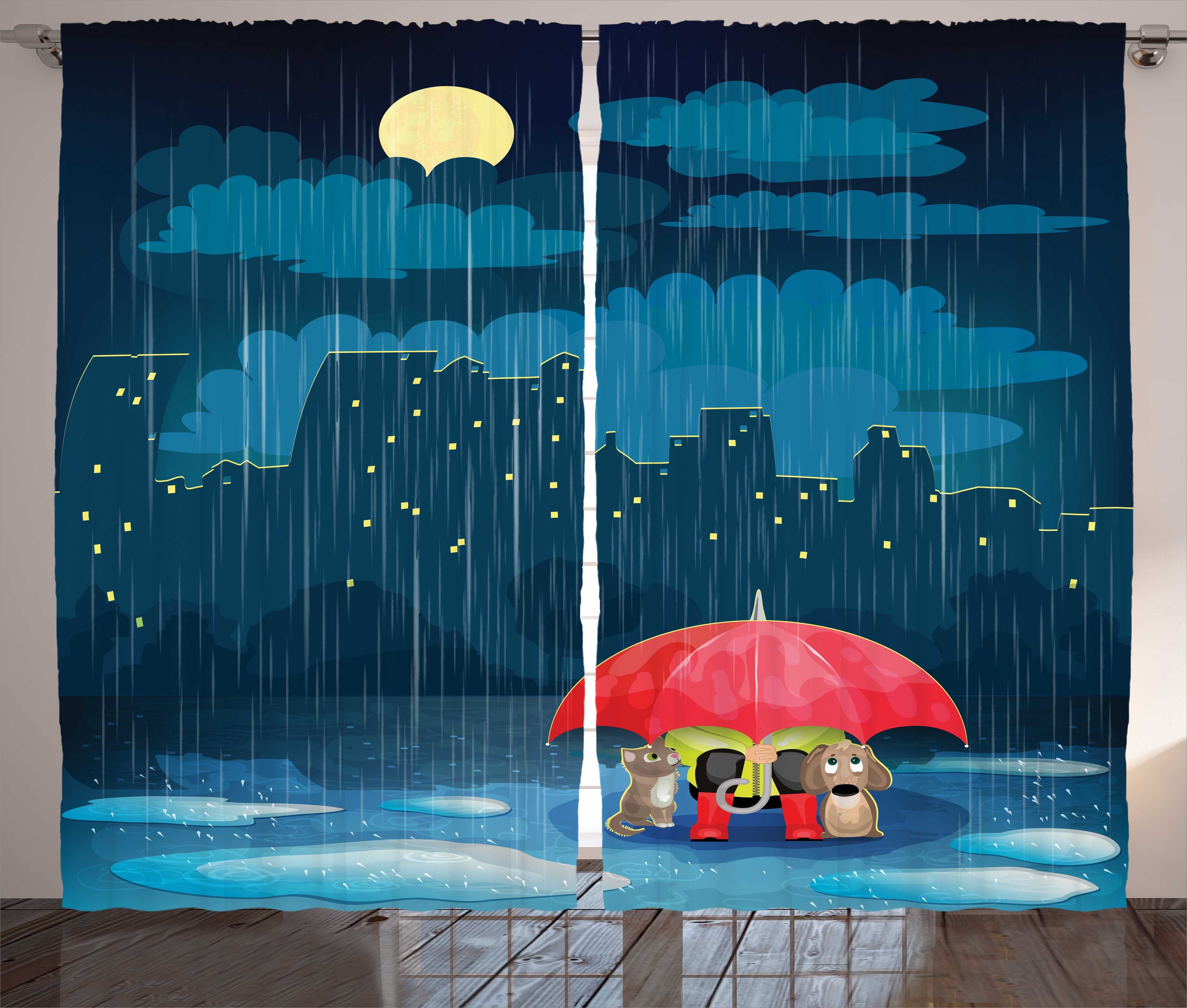 Gardine Schlafzimmer Kräuselband Vorhang mit Schlaufen und Haken, Abakuhaus, Kindergarten Cartoon-Tier unter Regen
