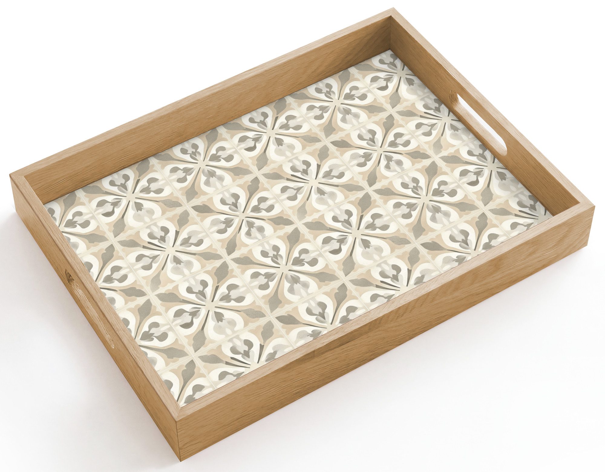OnlyWow Tablett Rechteckig mit Henkel Fliese - Motiv - Beige, Eichenholz, (1-tlg), Siervierplatte, Tray, Frühstücksbrett