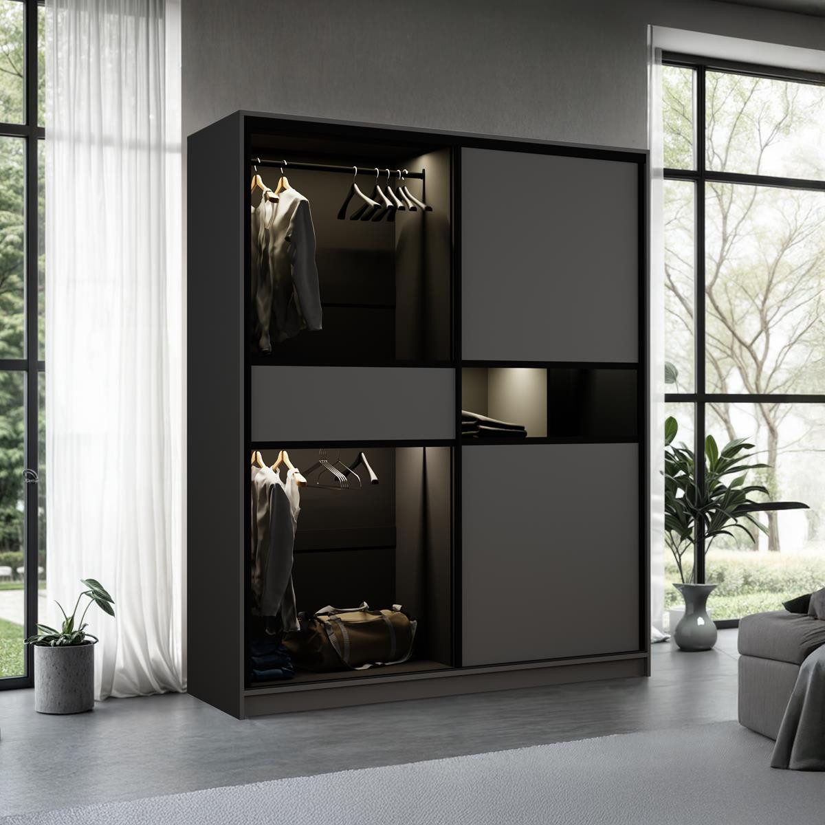 Compleo Schwebetürenschrank modern, Elegant Garderobe, Getöntes Glas LED-Be günstig online kaufen