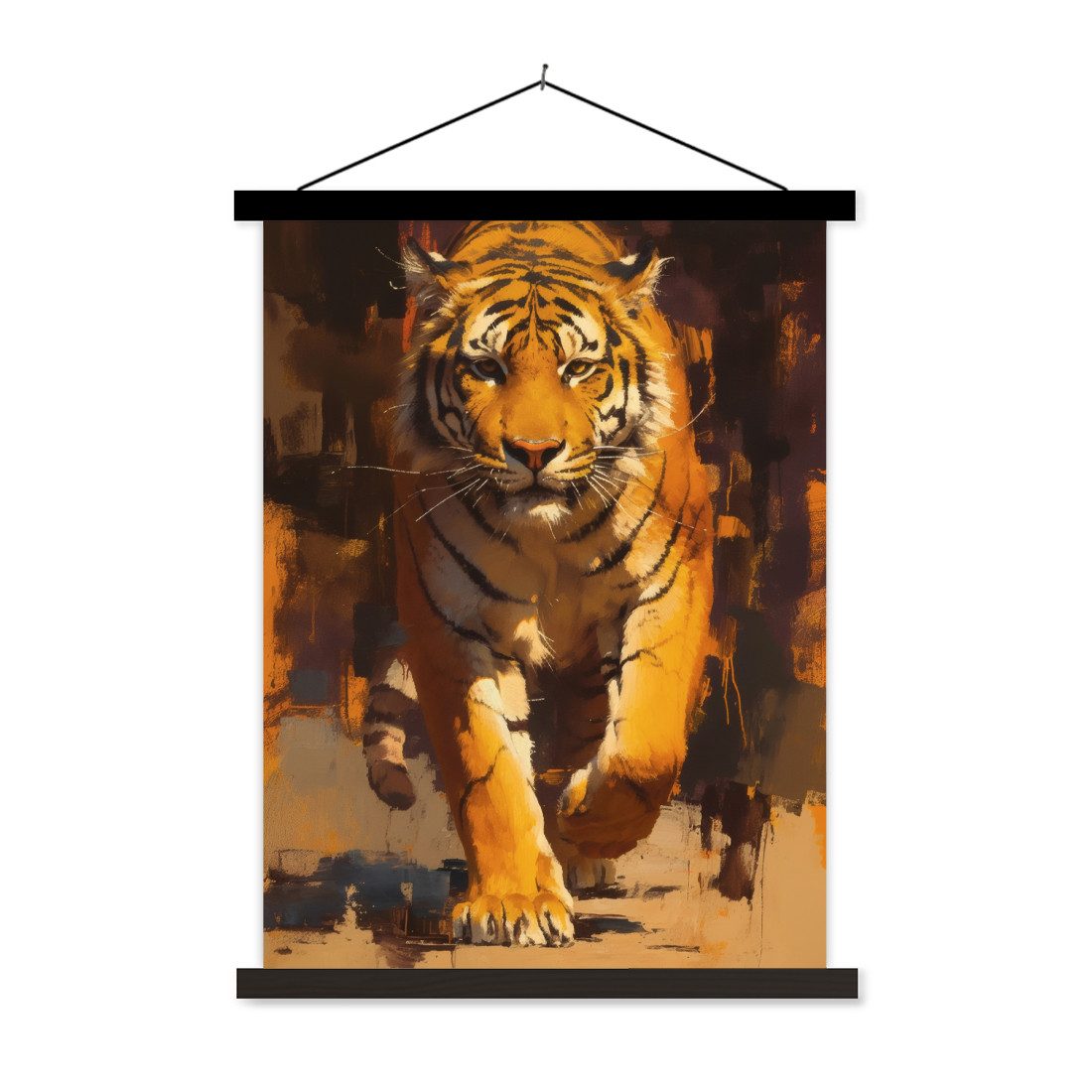 MuchoWow Poster Tiger - Gemalt - Orange - Pinselstriche, (1 St), Magnetische Posterleiste, Holzleisten, Textilposter, 60x80 cm