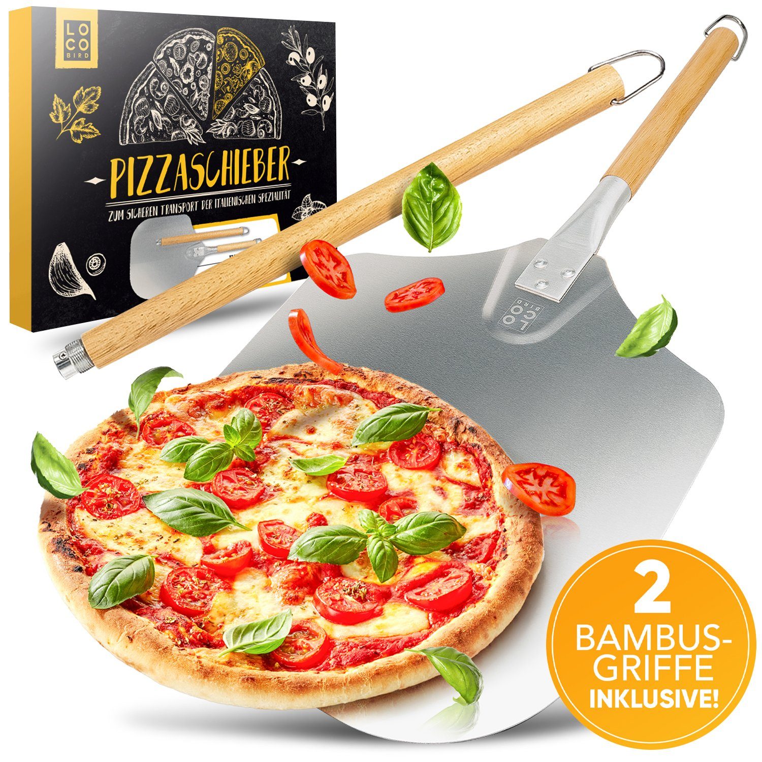 Loco Bird Pizzaschieber aus rostfreiem Aluminium, (Pizzaschaufel mit robustem Gewinde, 3 tlg., inkl. 2 Holzgriffe), Pizzaheber mit abgerundeten Kanten