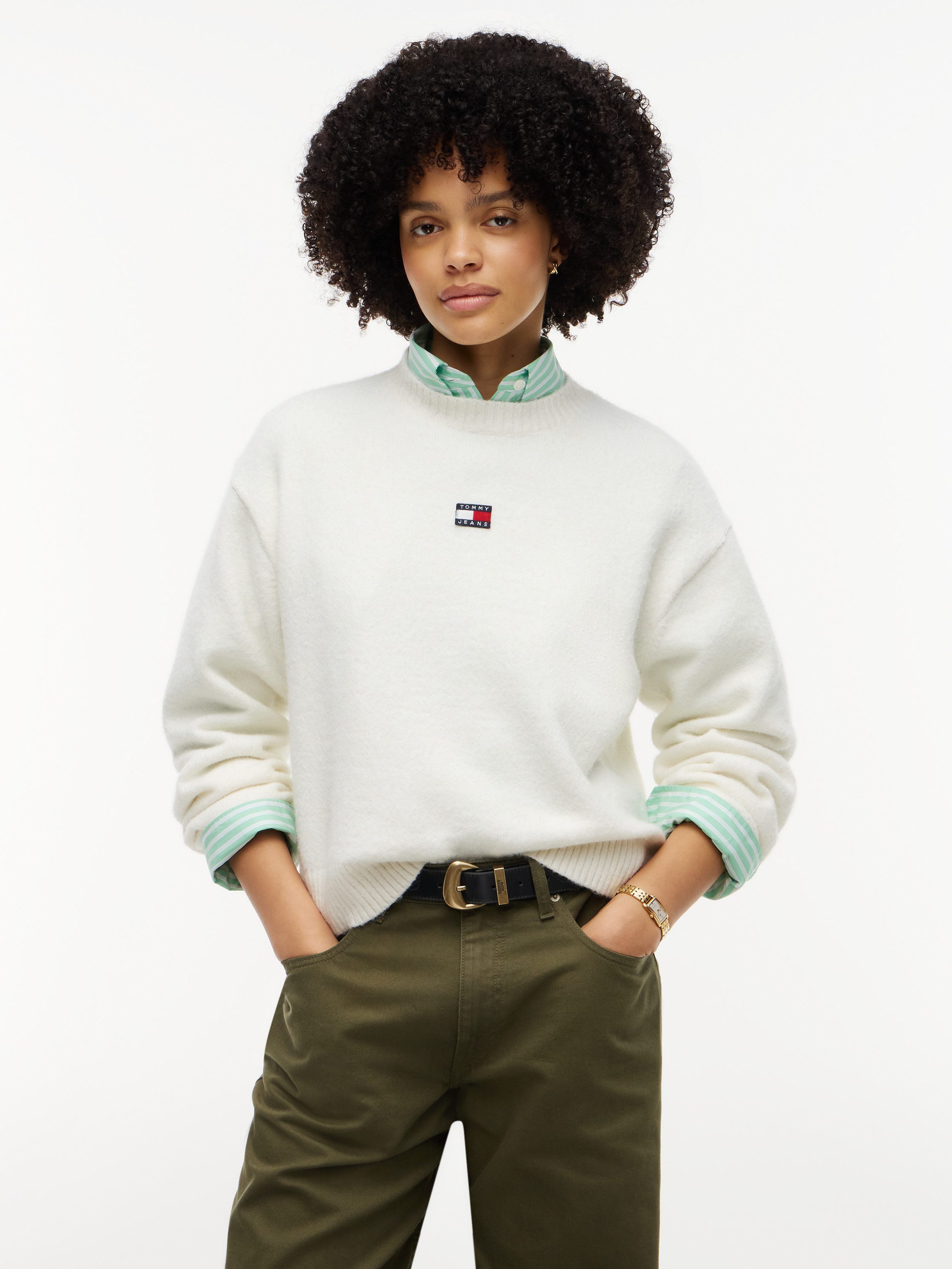 Tommy Jeans Rundhalspullover TJW FLUFFY BADGE SWEATER EXT Materialmix