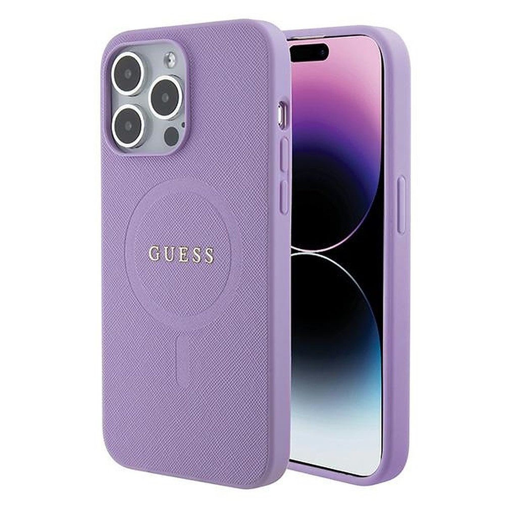 Guess Handyhülle Schutzhülle Magnethülle Handyschale 6,1 Zoll, MagSafe-kompatibel, Saffiano-Optik, Goldlogo