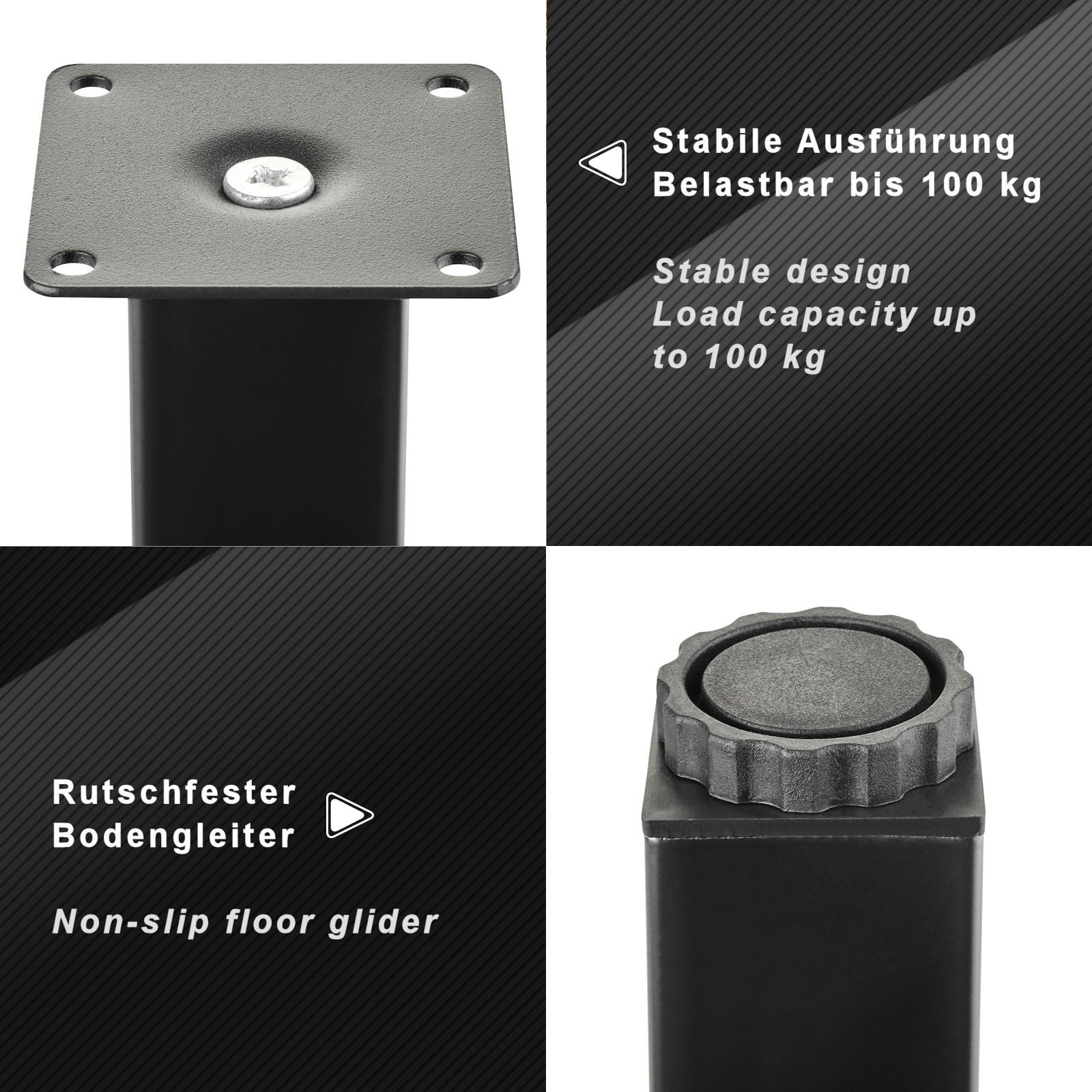 SO-TECH® Möbelfuß ZULU 38 x 38 mm 100 - 150 mm, belastbar bis 100 kg pro Fuß, (1-St), Vitrinenfuß Sockelfuß Schrankfuß Höhe 100 mm schwarz matt