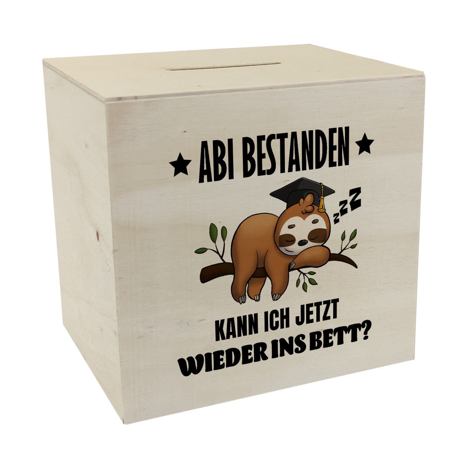 Spardose Abi bestanden Faultier Spardose aus Holz mit Spruch zurück ins Bett