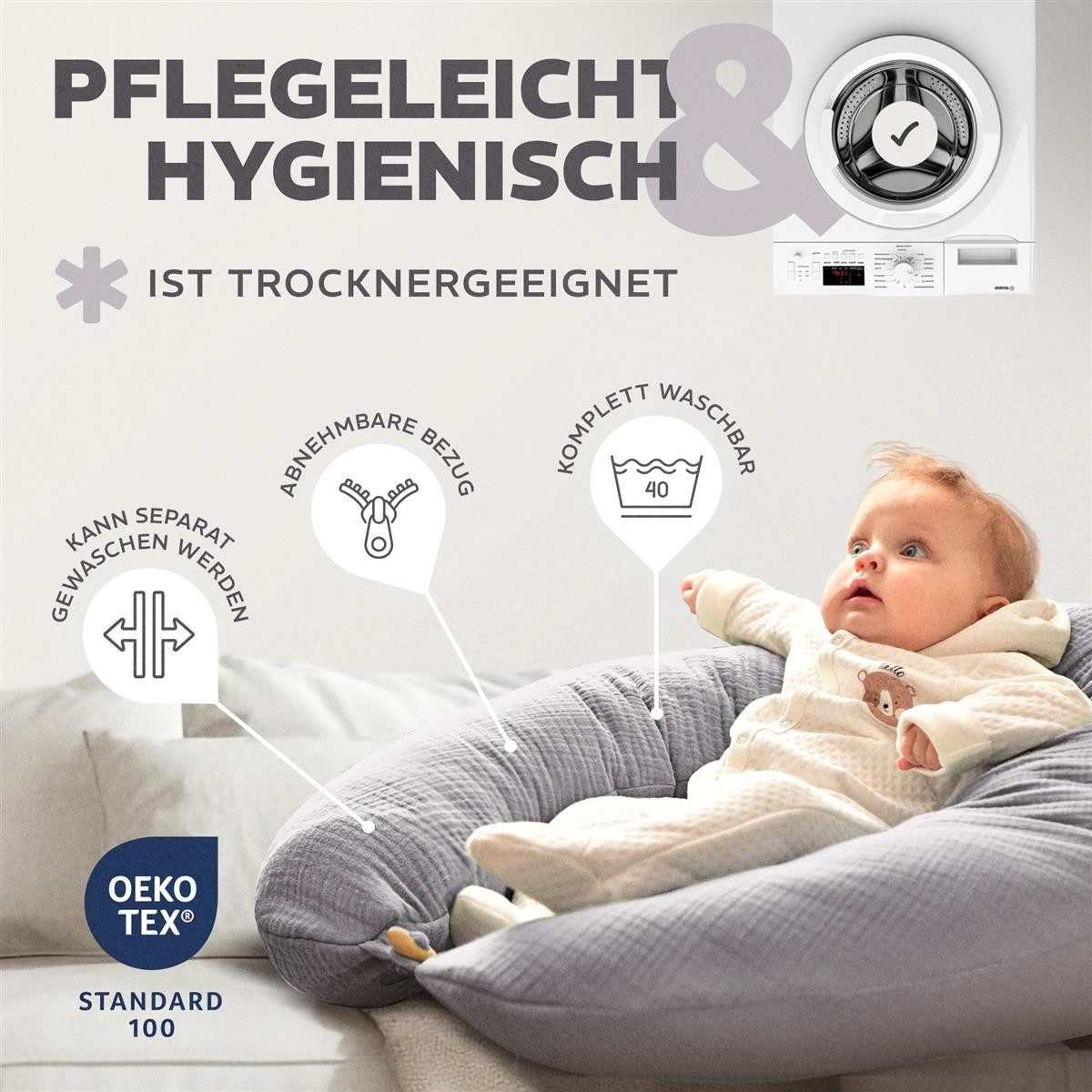 SEI Design Stillkissen Seitenschläferkissen Babynestchen Kuschelnest XXL, Schwangerschaftskissen mit Bezug, Schwangerschaftskissen mit Bezug, Bezug 100% Baumwol – Bild 5 von 5