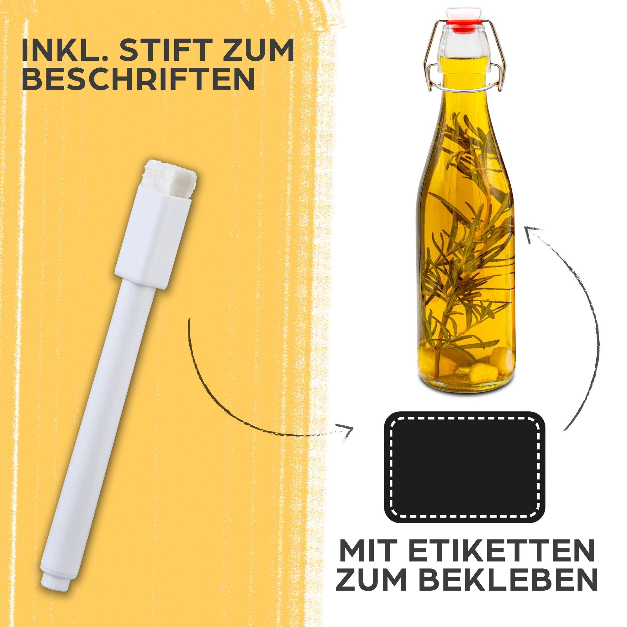 Glasflaschen 6 Extra und 12 Praknu Etiketten Dichtungen Stift 500ml, Trinkflasche Bügelverschluss mit 6 mit