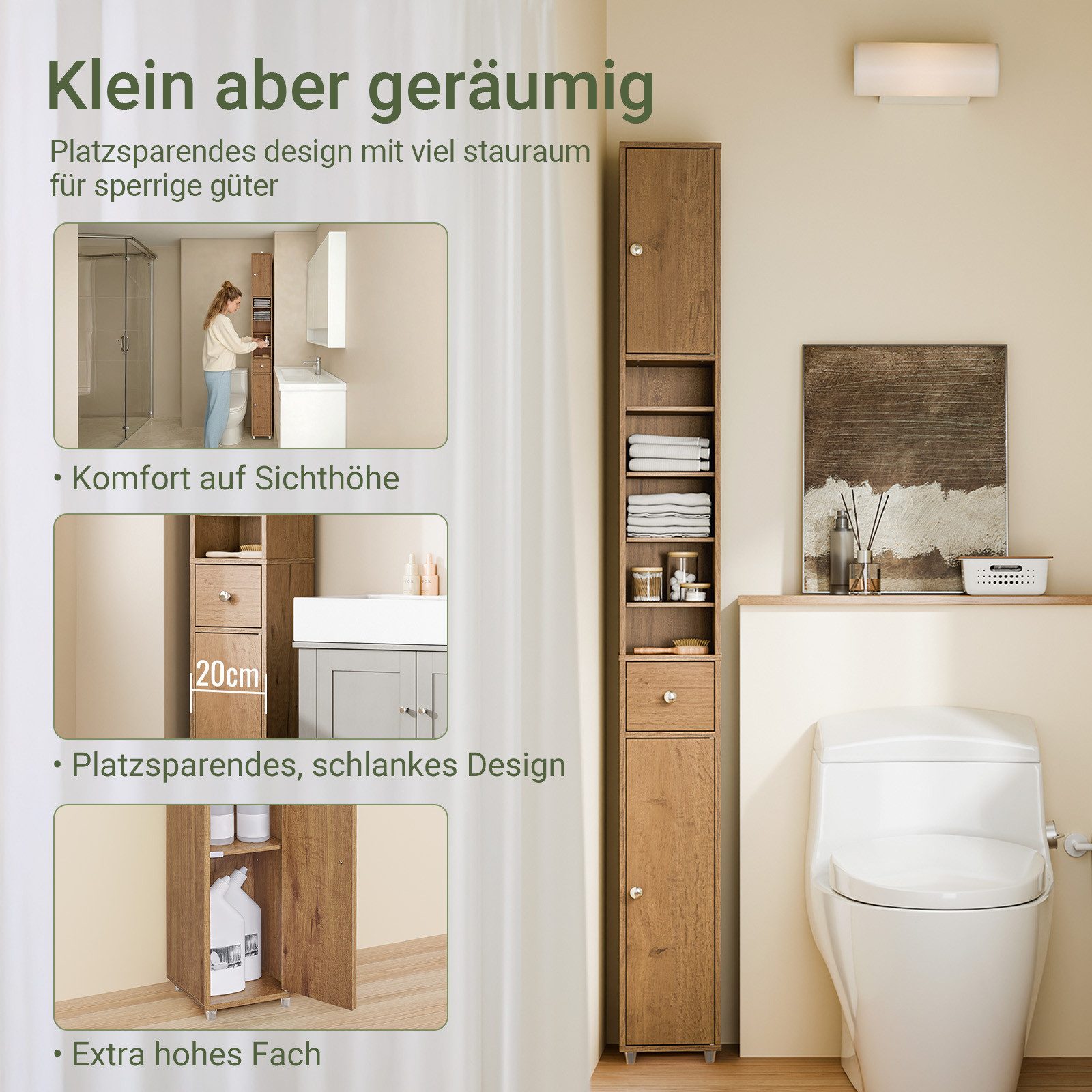 SoBuy Hochschrank BZR34, Badschrank schmal, Badezimmermöbel, Wasserabweisender Badzimmerschrank mit verstellbare Ablagen Badkommode schmal Badezimmer