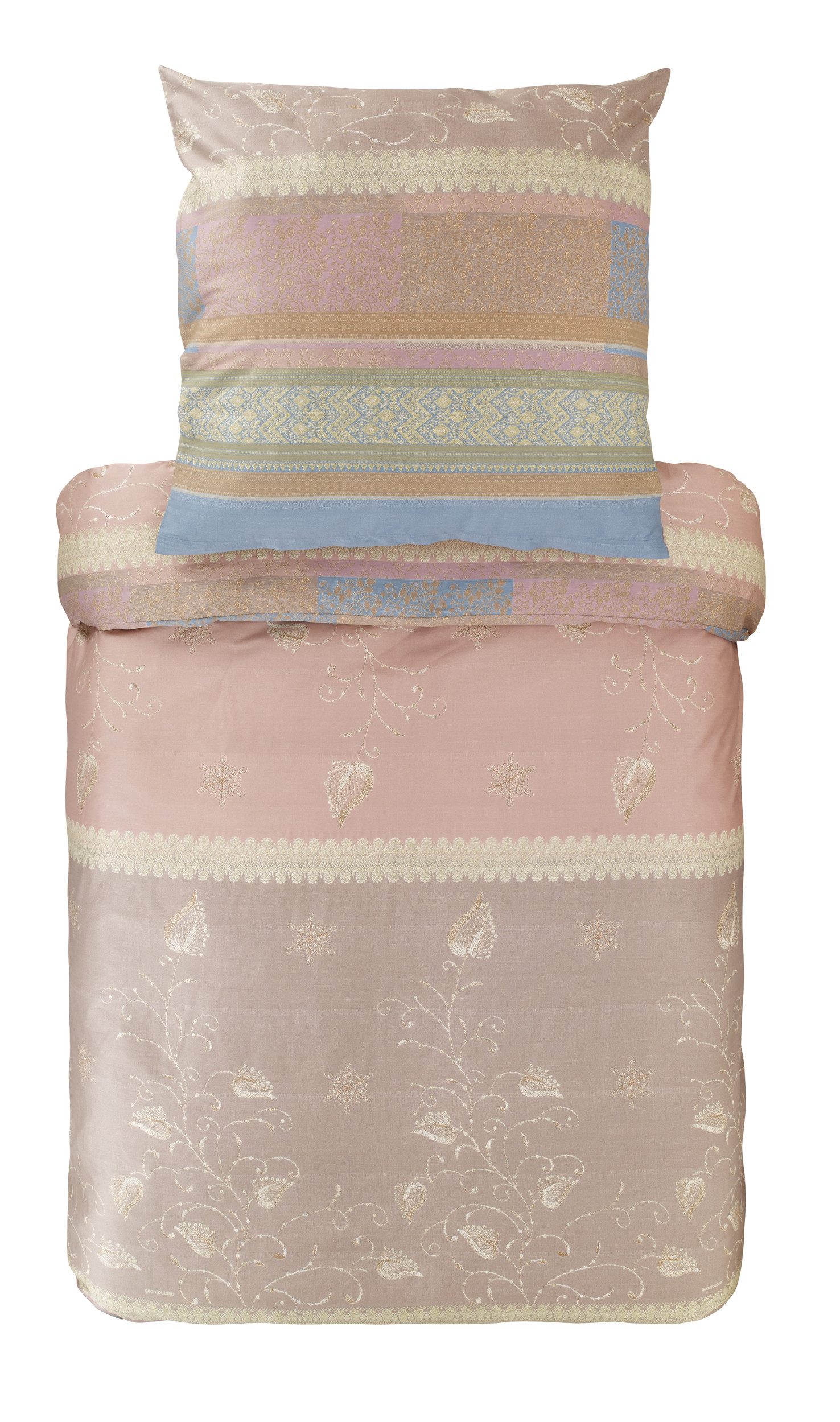Bassetti Bettwäsche Bassetti Mako Satin Bettwäsche Bernina Rosebeige 155x220 +80x80 cm, Mako-Satin, Mako-Satin, Streifen mit Blättern und kleinem, geometrischen Mustern