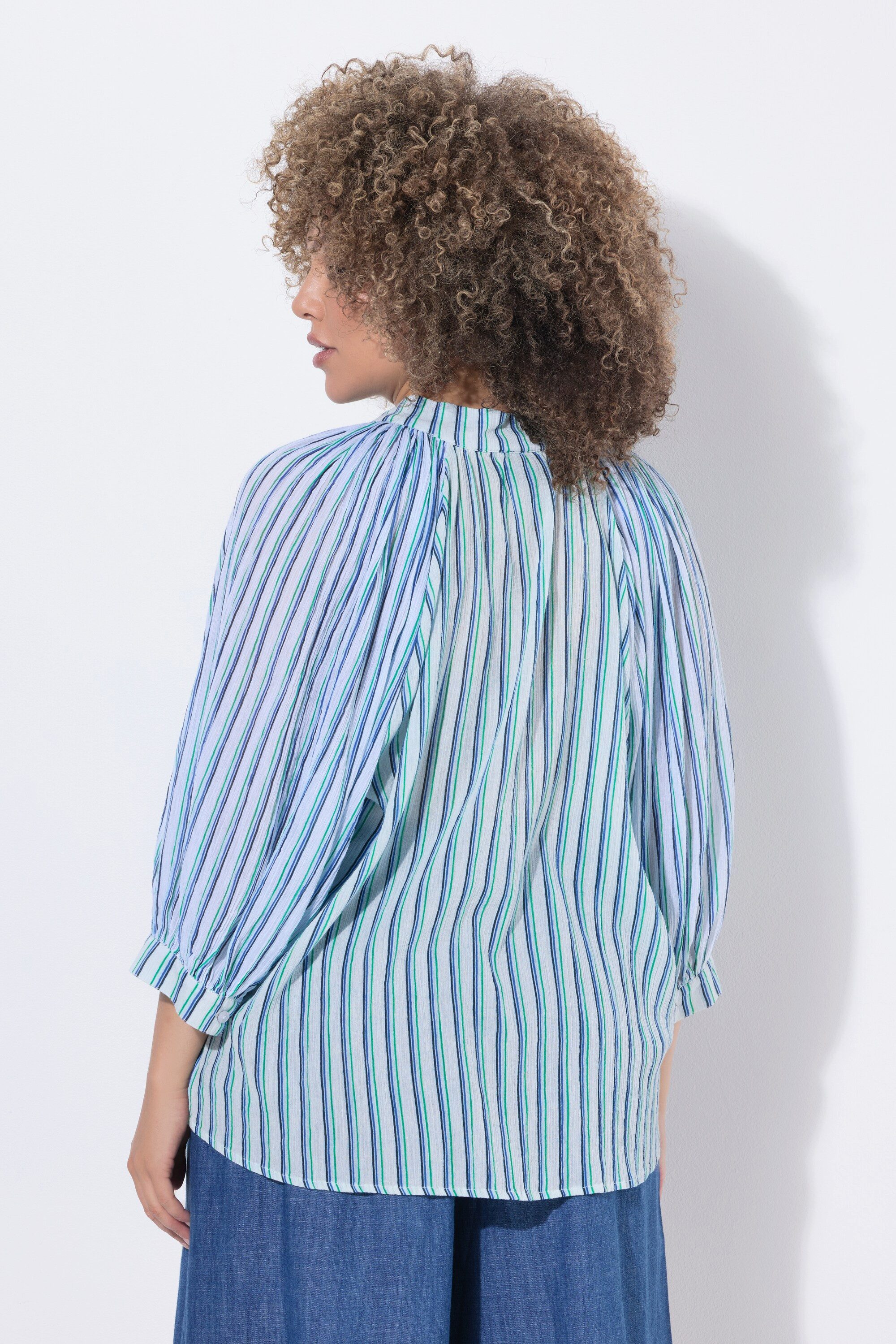 Ulla Popken Tunika Bluse Streifen Oversized Stehkragen-Rüsche 3/4-Arm