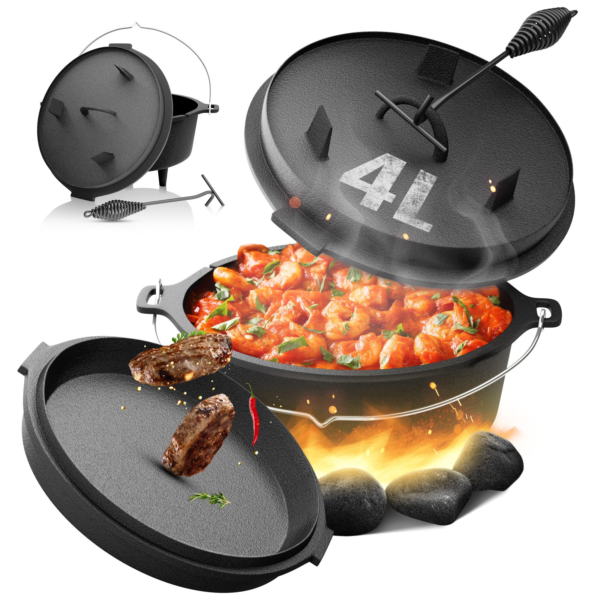 broil-master Grilltopf Dutch Oven Feuertopf Schmortopf Kochtopf Bräter Gusstopf Gusseisen Set