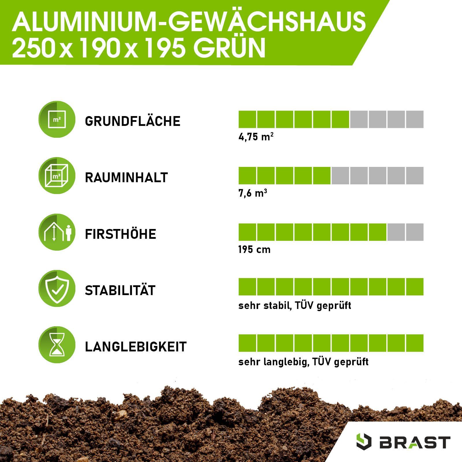BRAST Gewächshaus ALU mit Fundament rostfrei 250x190x195cm TÜV geprüft, BxT günstig online kaufen