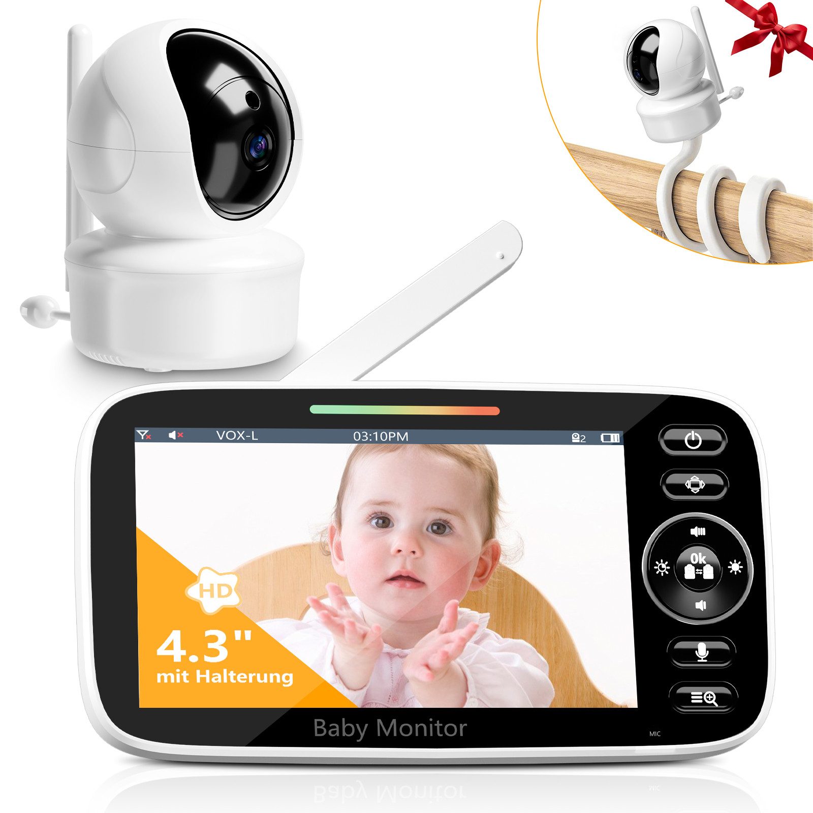 Video-Babyphone mit Kamera, 4,3“ HD Display, Baby Monitor mit Standfuß und VOX-Modus