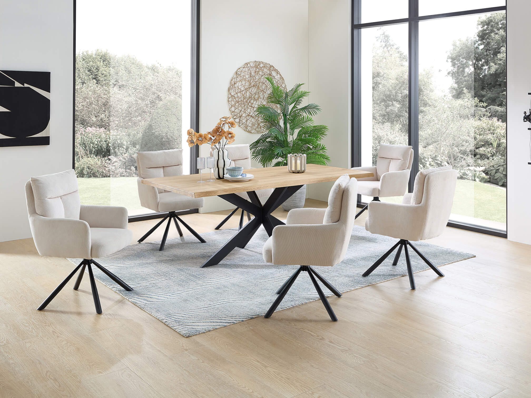 moebel-dich-auf Esszimmer-Set PORTOFINO, (Esstisch mit Stühlen Eiche Massivholz mit Baumkante 200 cm breit, 1 Tisch, 4 Stühle, 6 Stühle oder 4 Stühle mit Bank), Sitzgruppe mit Cordbezug