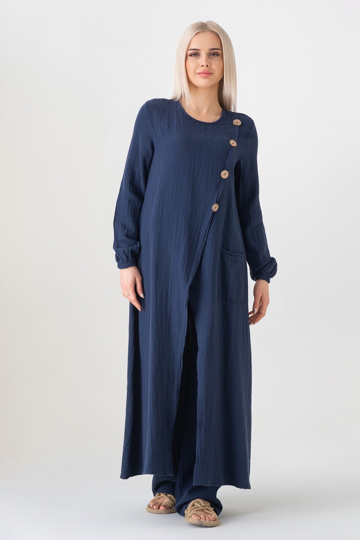 WENOR Longtunika Musselin mit Frontschlitz, Knopfdetail, 100 % Baumwolle, 130 cm Frontschlitz, asymmetrisches Knopfdesign, extra lang