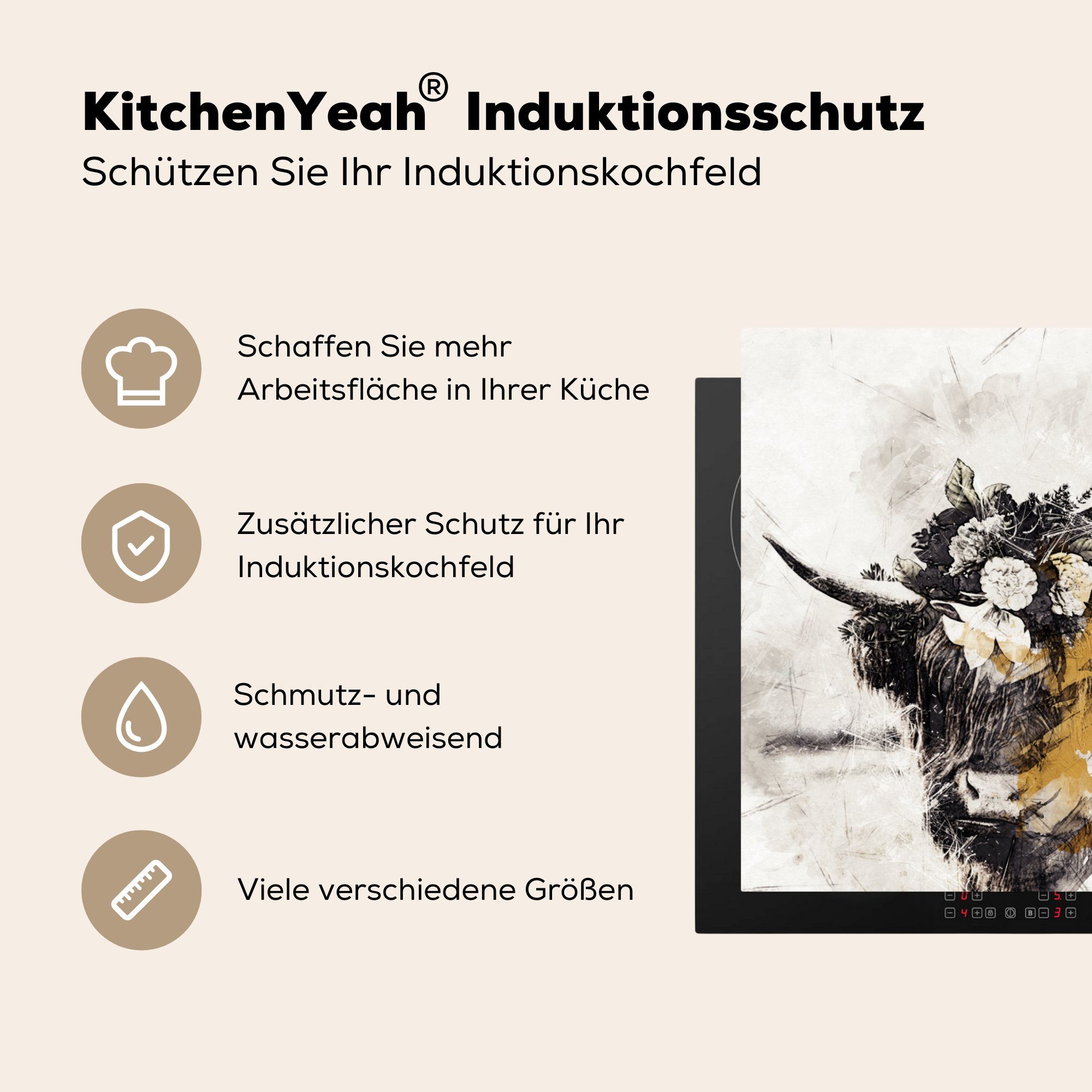 (1 tlg), MuchoWow cm, küche für 78x78 Vinyl, Schottischer Ceranfeldabdeckung, Blumen, Highlander Herdblende-/Abdeckplatte Arbeitsplatte -