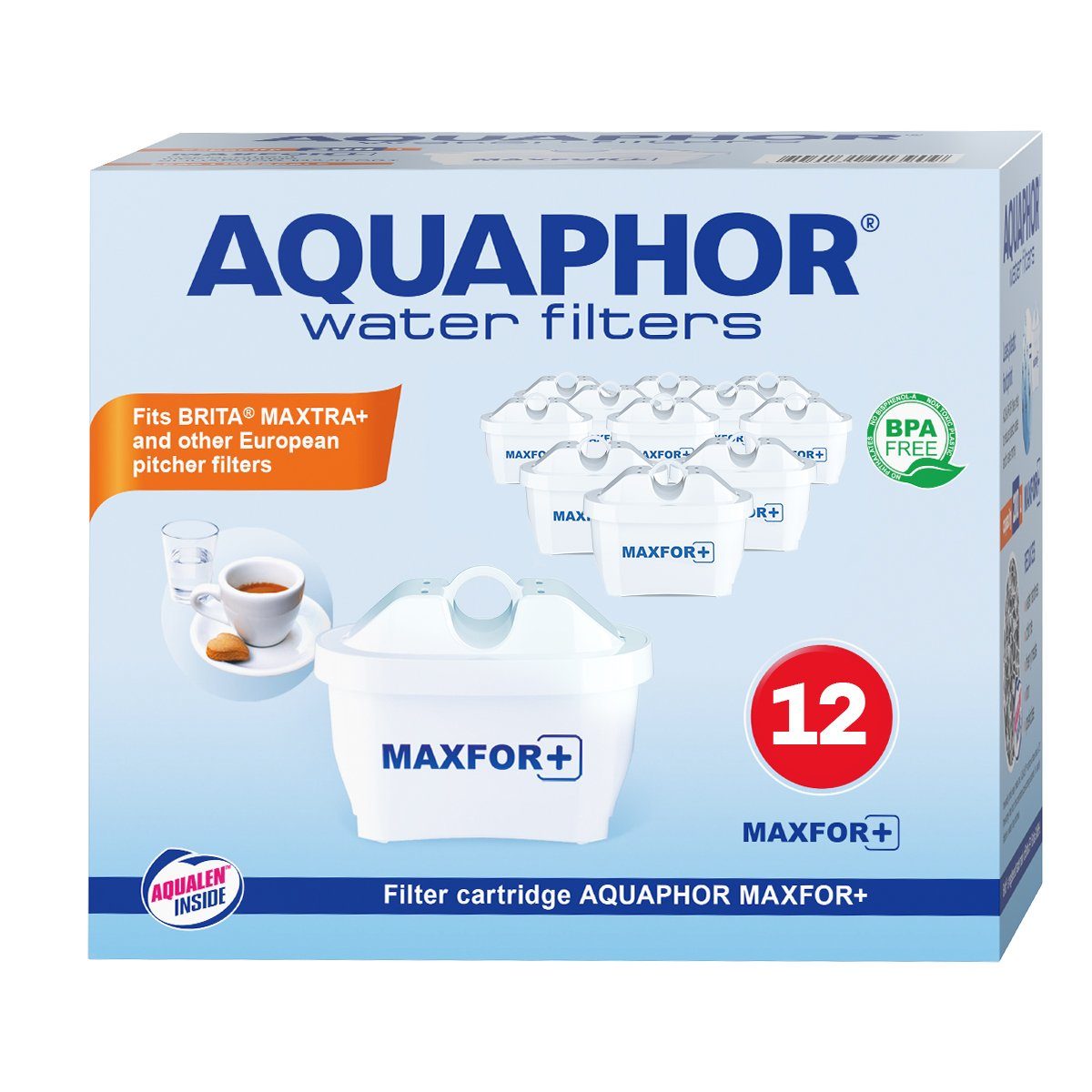 AQUAPHOR Kalk- und Wasserfilter Filterkartusche MAXFOR+ Pack 12 - gegen Kalk, Chlor & weitere Stoffe, Zubehör für AQUAPHOR Modellen ONYX, Amethyst, Jasper und mit weiteren Tischwasserfiltern anderer Hersteller, AQUALEN Technologie. Bis zum 200 L. Kapazität., BPA frei