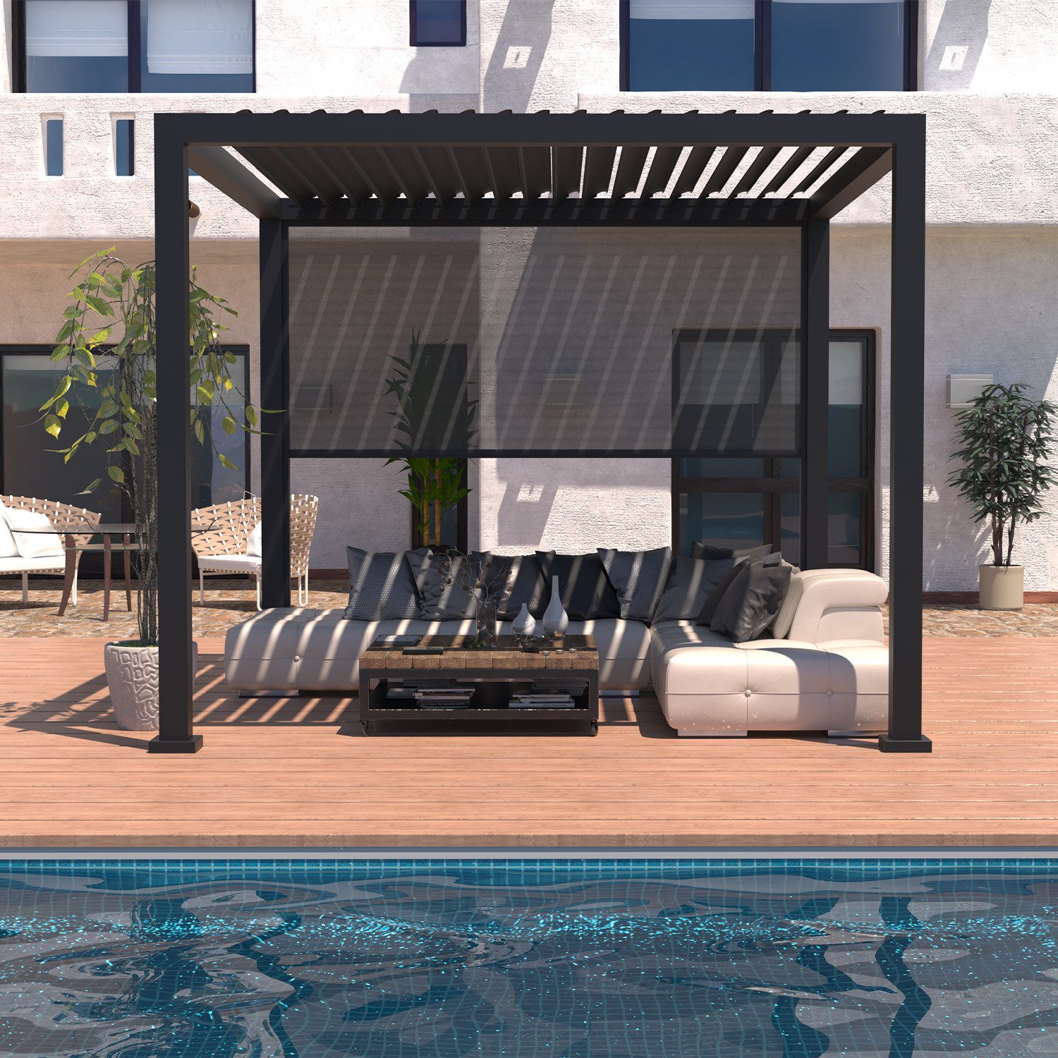 anndora Pergola 3 x 3 Meter Aluminium Pavilion + 1 Stück Vorhang, BxTxH: 293x293x245 cm, (4-tlg), Wasserabfluss über Pfosten - per Kurbel verstellbares Lamellendach
