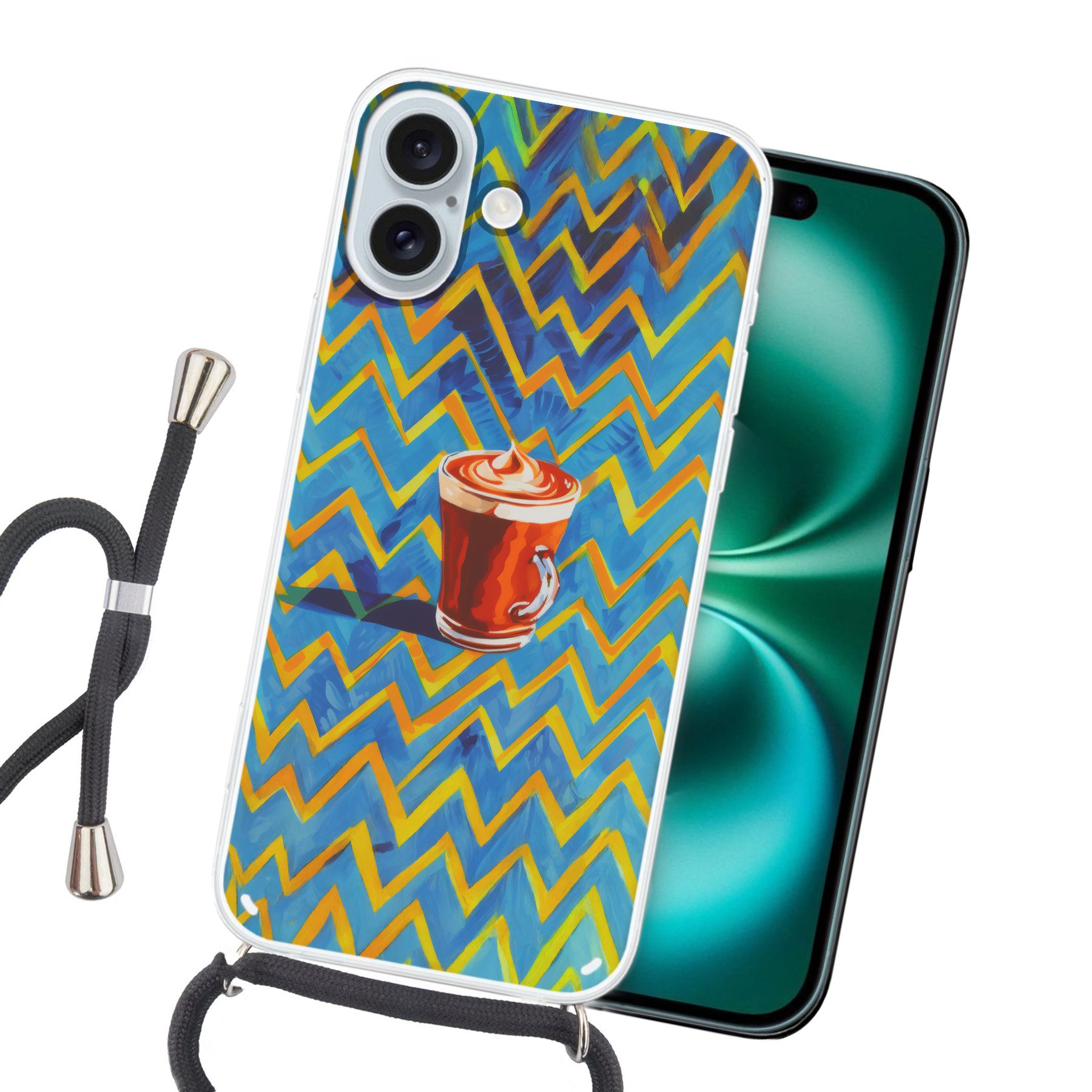 MuchoWow Handyhülle für Apple iPhone 16 Plus Becher - Kaffee - Zickzack - Schlagsahne, Tragbare Handyhüllen mit Kette zum umhängen, Handykette Handyband