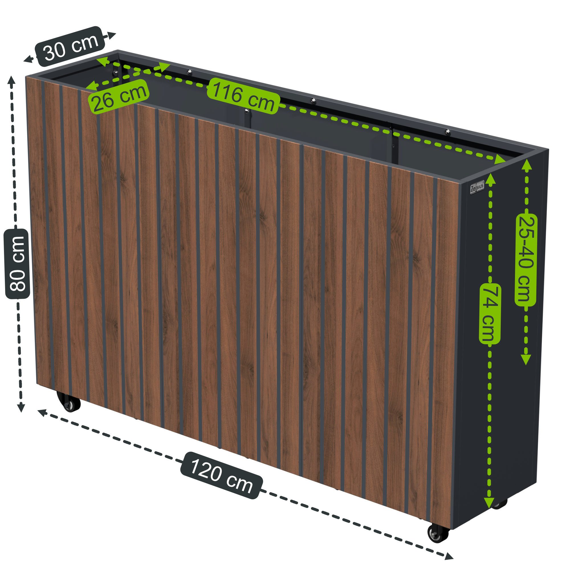Zelsius Hochbeet Hochbeet für Garten mit Rollen Anthrazit RAL 7016, 120 x 30 cm