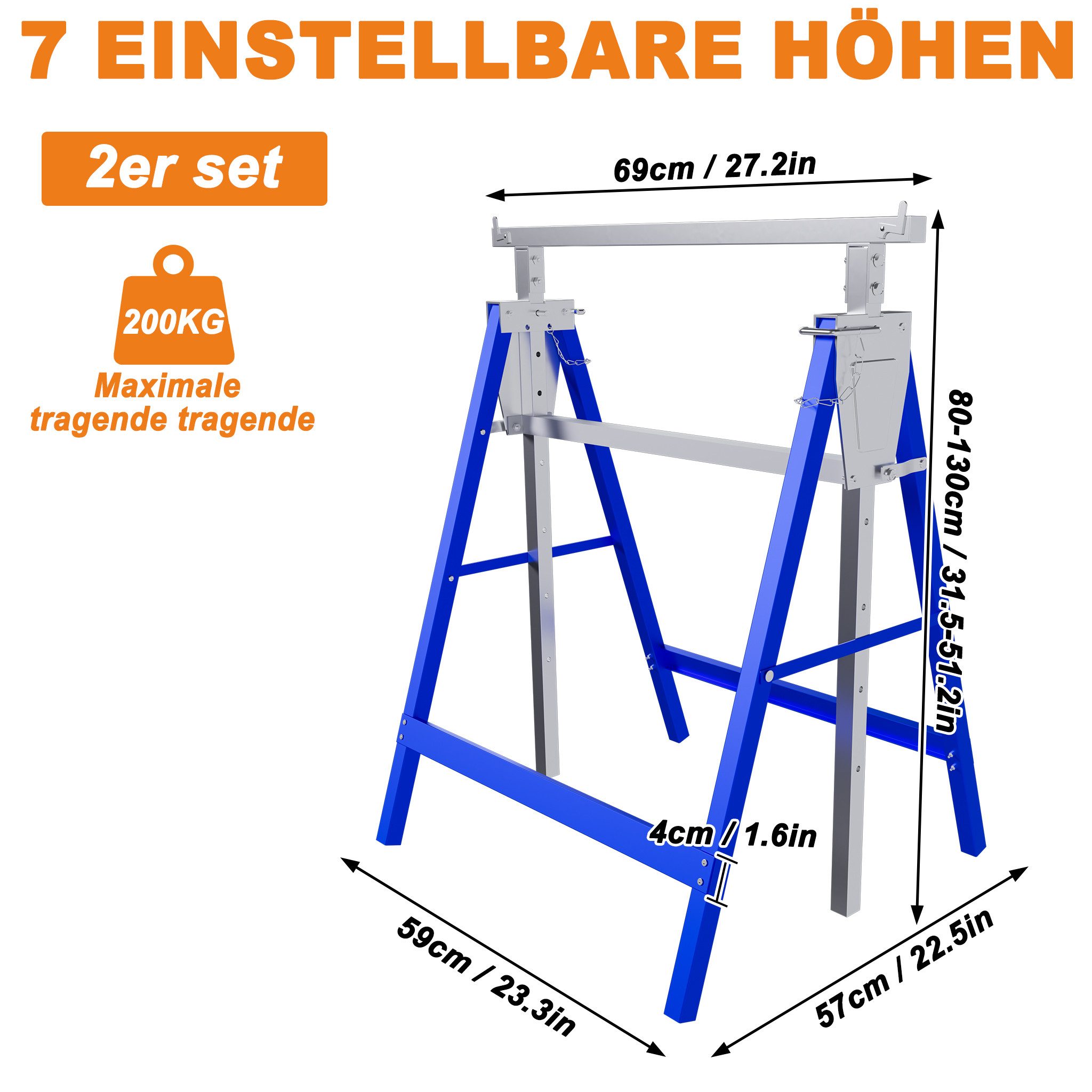 FIVMEN Gerüst Gerüstbock mit 7-fach höhenverstellbar 80-130 cm Arbeitsbock, (4 St), Zusammenklappbar Werkzeughalter Unterstellbock – Bild 2 von 5