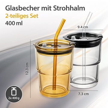 Impolio Becher Gläser Set mit Deckel und Strohhalm, Trinkbecher To Go 2er Set 400 ml, Glas