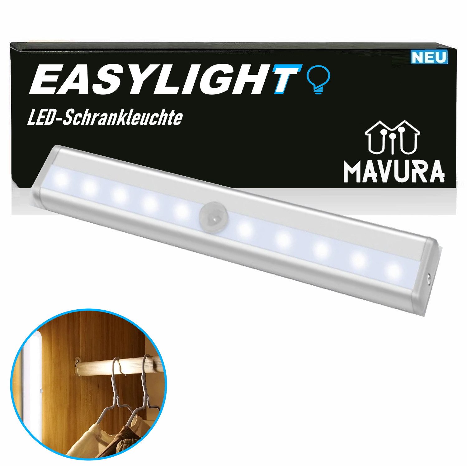 MAVURA Schrankleuchte EASYLIGHT LED Unterbauleuchte Schranklampe Nachtlicht, LED fest integriert, Tageslichtweiß, Sensor Lampe Schranklicht Treppenleuchte magnetisch, Bewegungsmelder