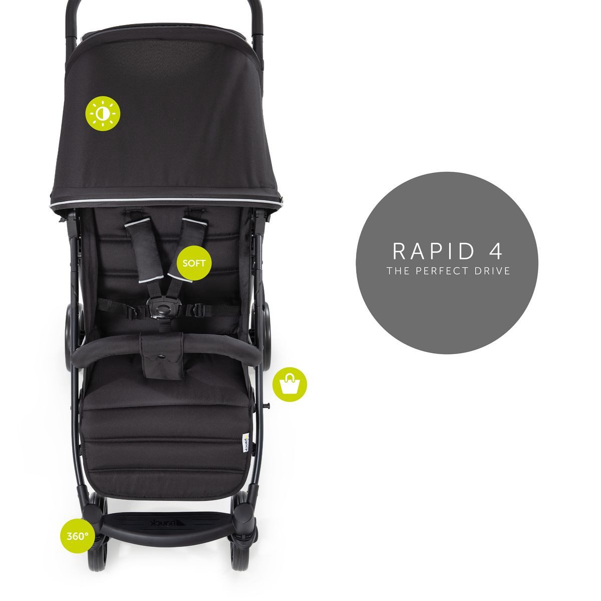 Hauck Sportbuggy Rapid 4 - Caviar Black, Sportwagen mit Liegefunktion Regenschutz, Insektenschutz & Lenkrad