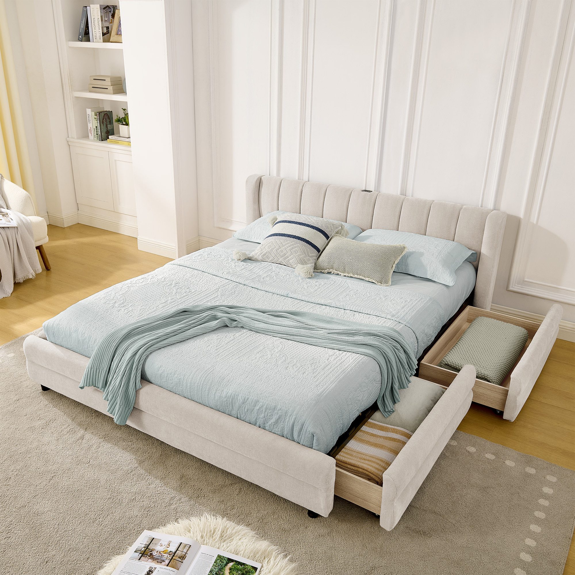 REDOM Polsterbett Funktionsbett mit USB-/Type-C-Anschlüssen & seitlichen Fächern (Packung, 1-tlg., 140x200 cm, mit integrierten Schubladen & ergonomischem Design), für Schlafzimmer, Gästezimmer oder kleinere Wohnungen (ohne Matratze)