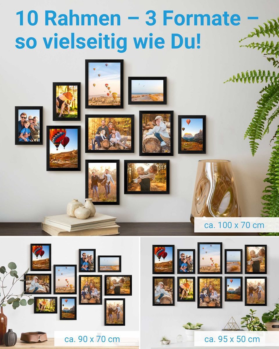 PHOTOLINI Bilderrahmen Sets in verschiedenen Formaten, MDF Holz, Acrylglas & Zubehör, für 10 Bilder (10er Set), Posterrahmen 10er Set No.3 zum Aufhängen oder Aufstellen